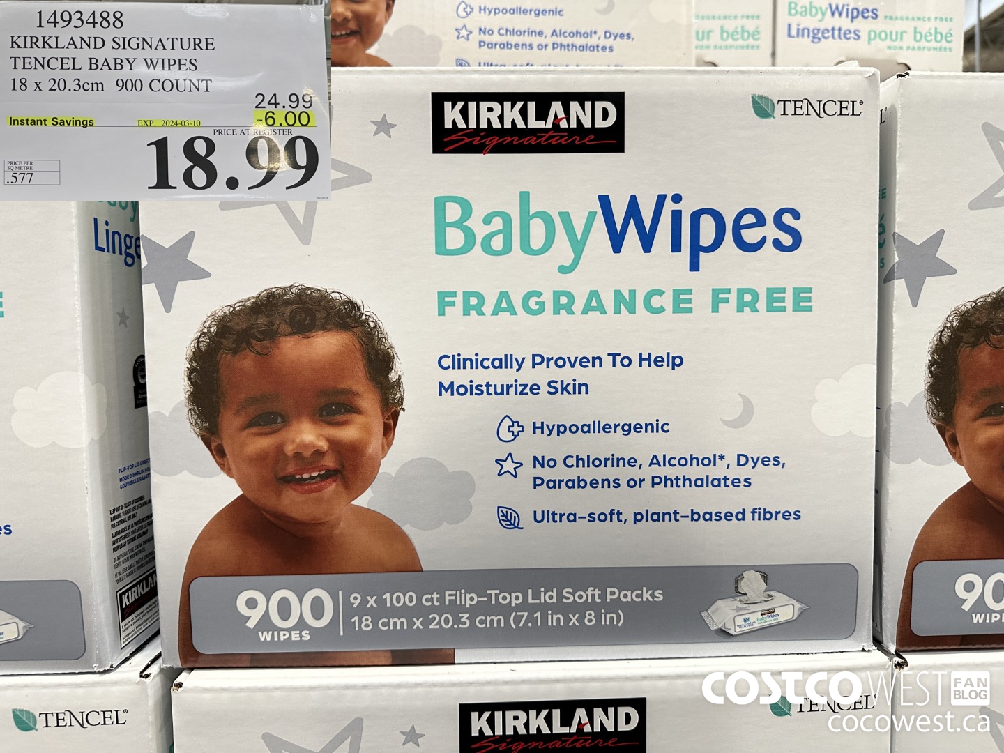 1493488 KIRKLAND SIGNATURE TENCEL BABY WIPES 18 X 20.3 CM 900 COUNT ($6.00 INSTANT SAVINGS EXPIRES ON 2024-03-10) $18.99