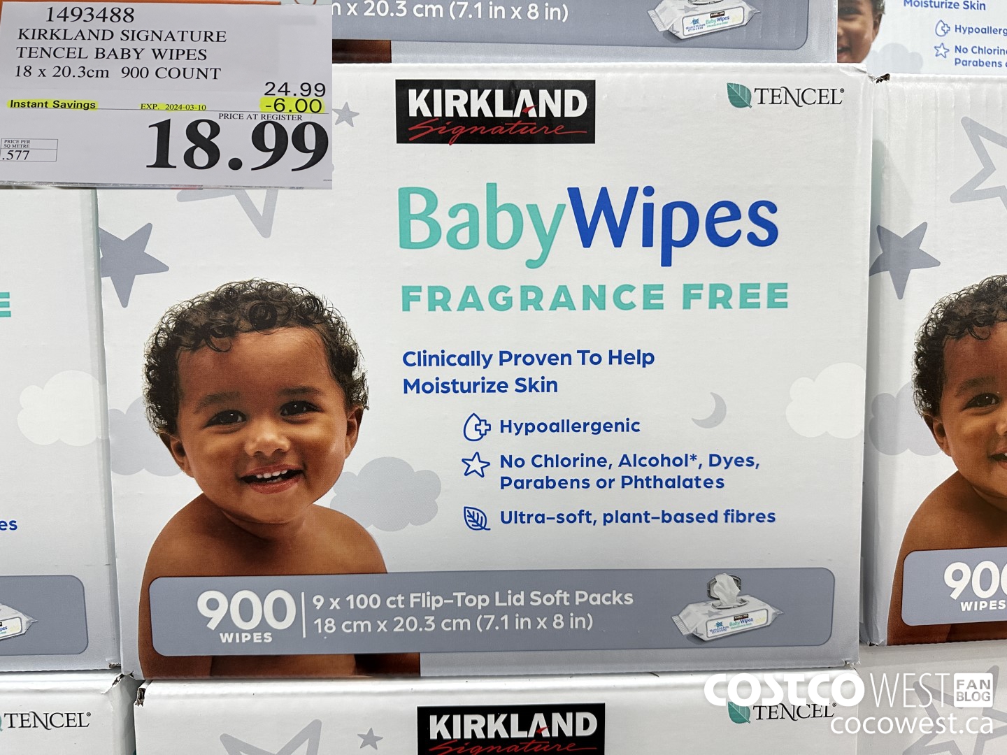 1493488 KIRKLAND SIGNATURE TENCEL BABY WIPES 18 X 20.3 CM 900 COUNT ($6.00 INSTANT SAVINGS EXPIRES ON 2024-03-10) $18.99