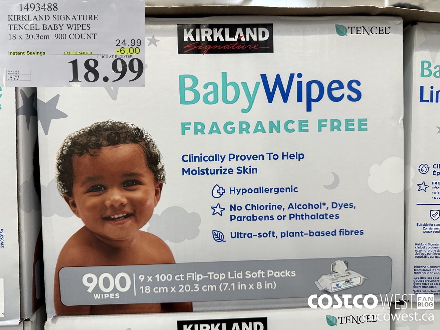 1493488 KIRKLAND SIGNATURE TENCEL BABY WIPES 18 X 20.3 CM 900 COUNT ($6.00 INSTANT SAVINGS EXPIRES ON 2024-03-10) $18.99