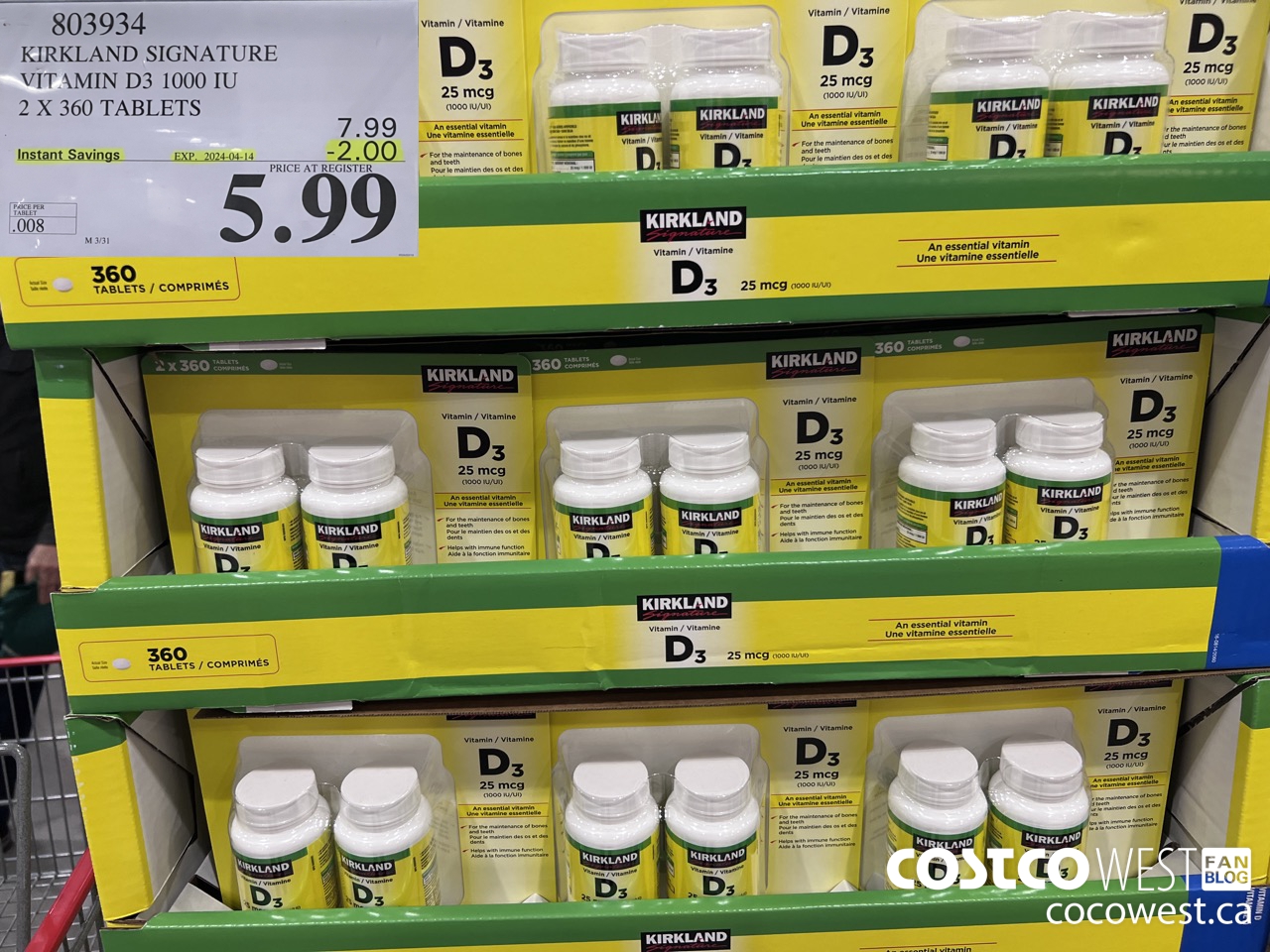 803934 KIRKLAND SIGNATURE VITAMIN D3 1000 IU 2 X 360 TABLETS ($2.00 INSTANT SAVINGS EXPIRES ON 2024-04-14) $5.99