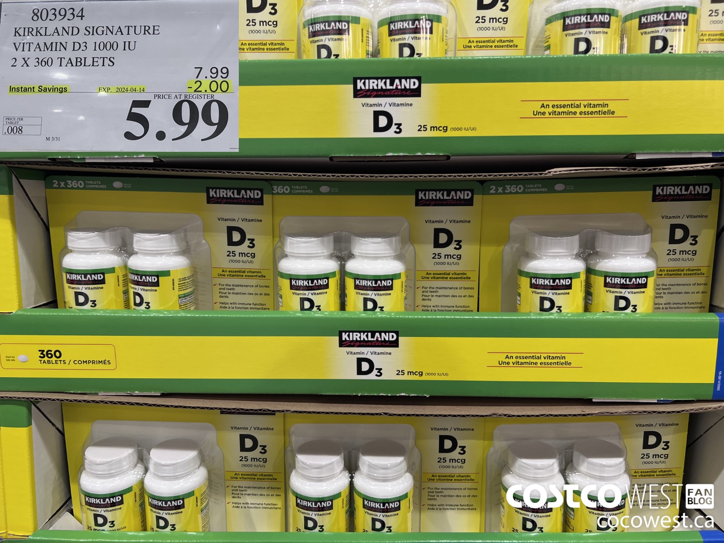 803934 KIRKLAND SIGNATURE VITAMIN D3 1000 IU 2 X 360 TABLETS ($2.00 INSTANT SAVINGS EXPIRES ON 2024-04-14) $5.99