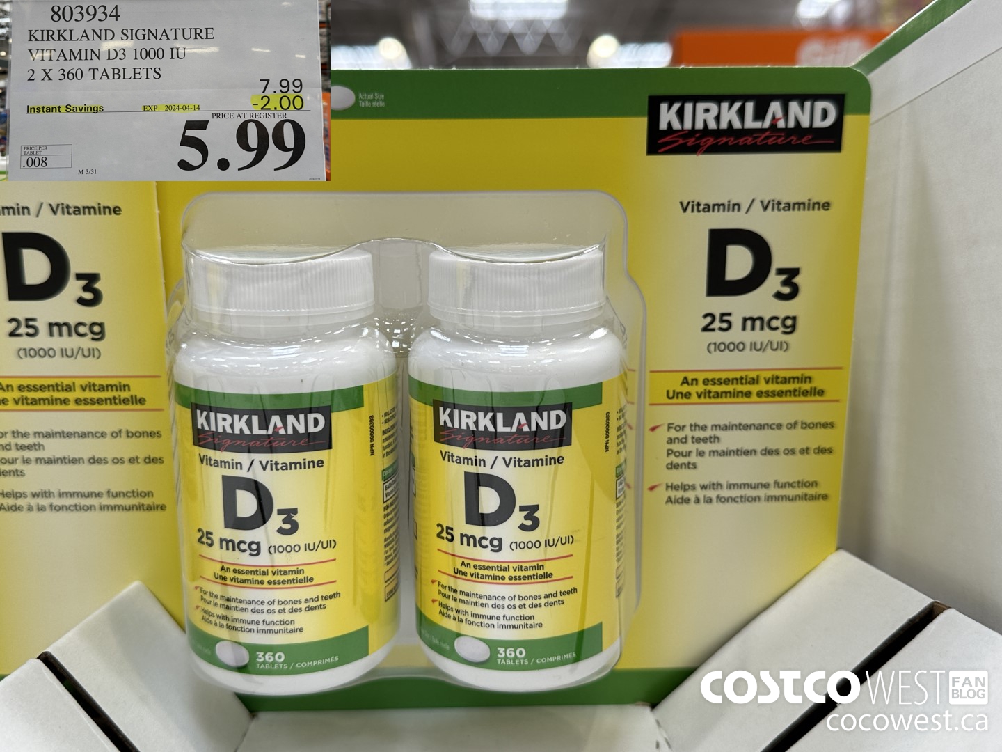 803934 KIRKLAND SIGNATURE VITAMIN D3 1000 IU 2 X 360 TABLETS ($2.00 INSTANT SAVINGS EXPIRES ON 2024-04-14) $5.99