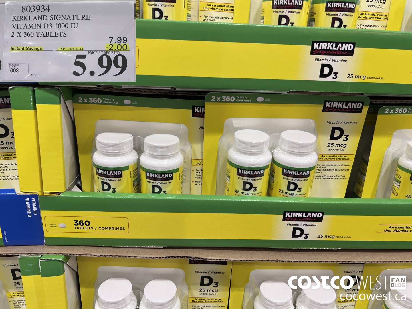 803934 KIRKLAND SIGNATURE VITAMIN D3 1000 IU 2 X 360 TABLETS ($2.00 INSTANT SAVINGS EXPIRES ON 2024-04-14) $5.99