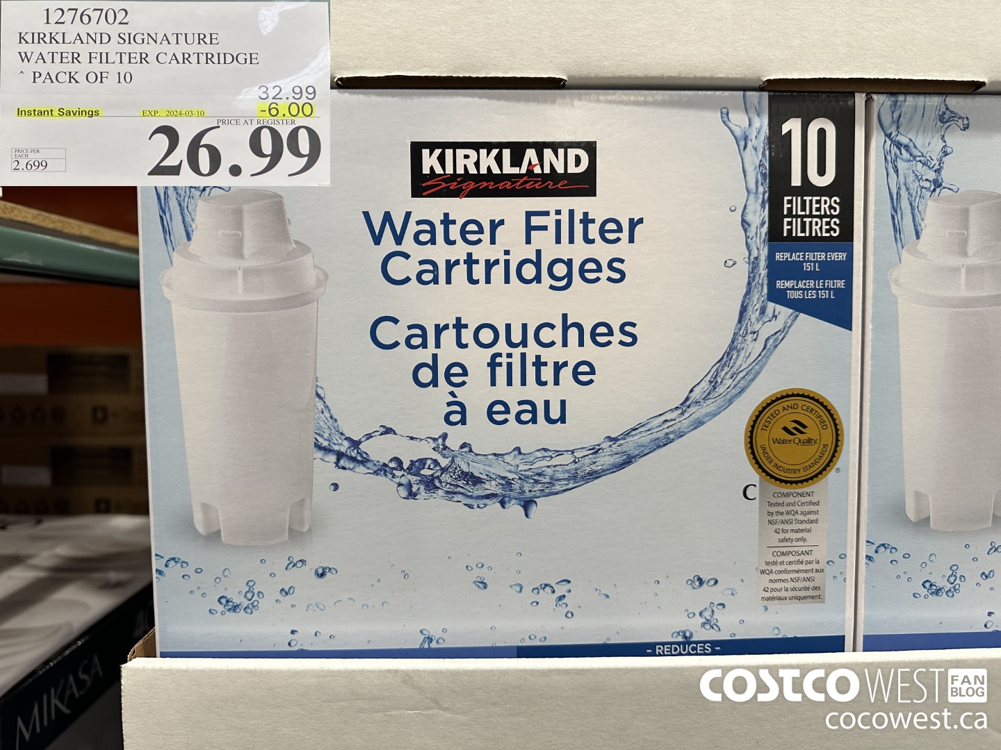 1276702 KIRKLAND SIGNATURE WATER FILTER CARTRIDGE PACK OF 10 ($6.00 INSTANT SAVINGS EXPIRES ON 2024-03-10) $26.99