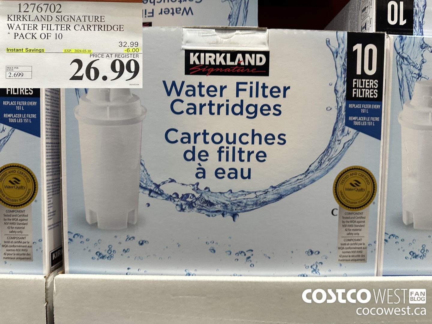 1276702 KIRKLAND SIGNATURE WATER FILTER CARTRIDGE PACK OF 10 ($6.00 INSTANT SAVINGS EXPIRES ON 2024-03-10) $26.99