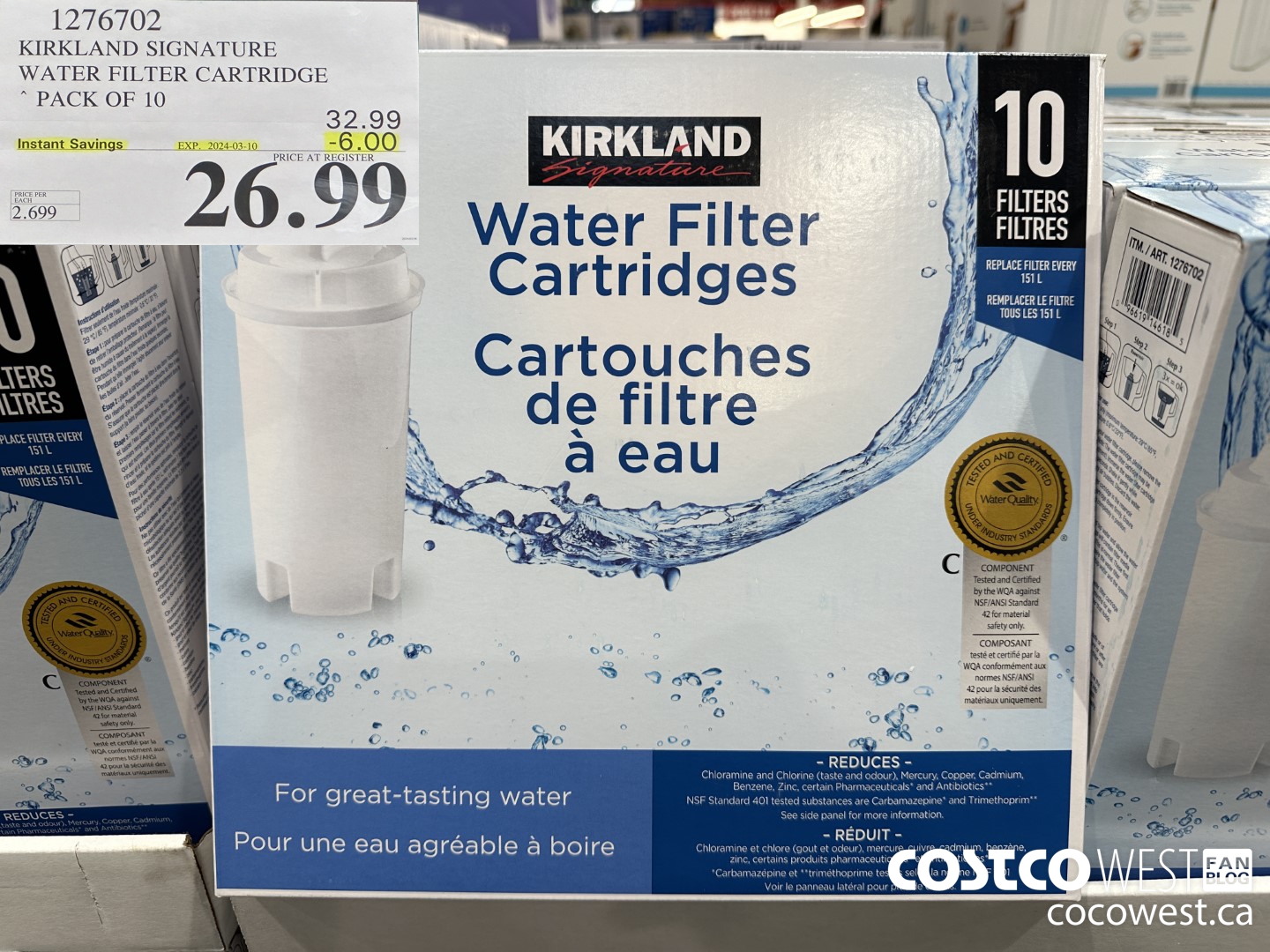 1276702 KIRKLAND SIGNATURE WATER FILTER CARTRIDGE PACK OF 10 ($6.00 INSTANT SAVINGS EXPIRES ON 2024-03-10) $26.99
