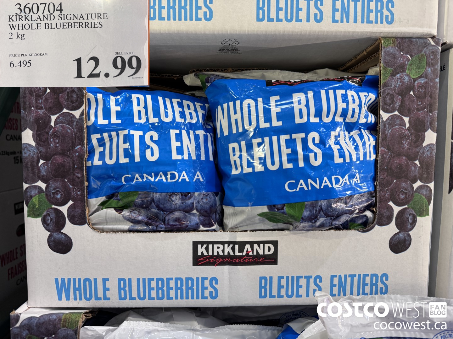 360704 KIRKLAND SIGNATURE WHOLE BLUEBERRIES 2 kg $12.99