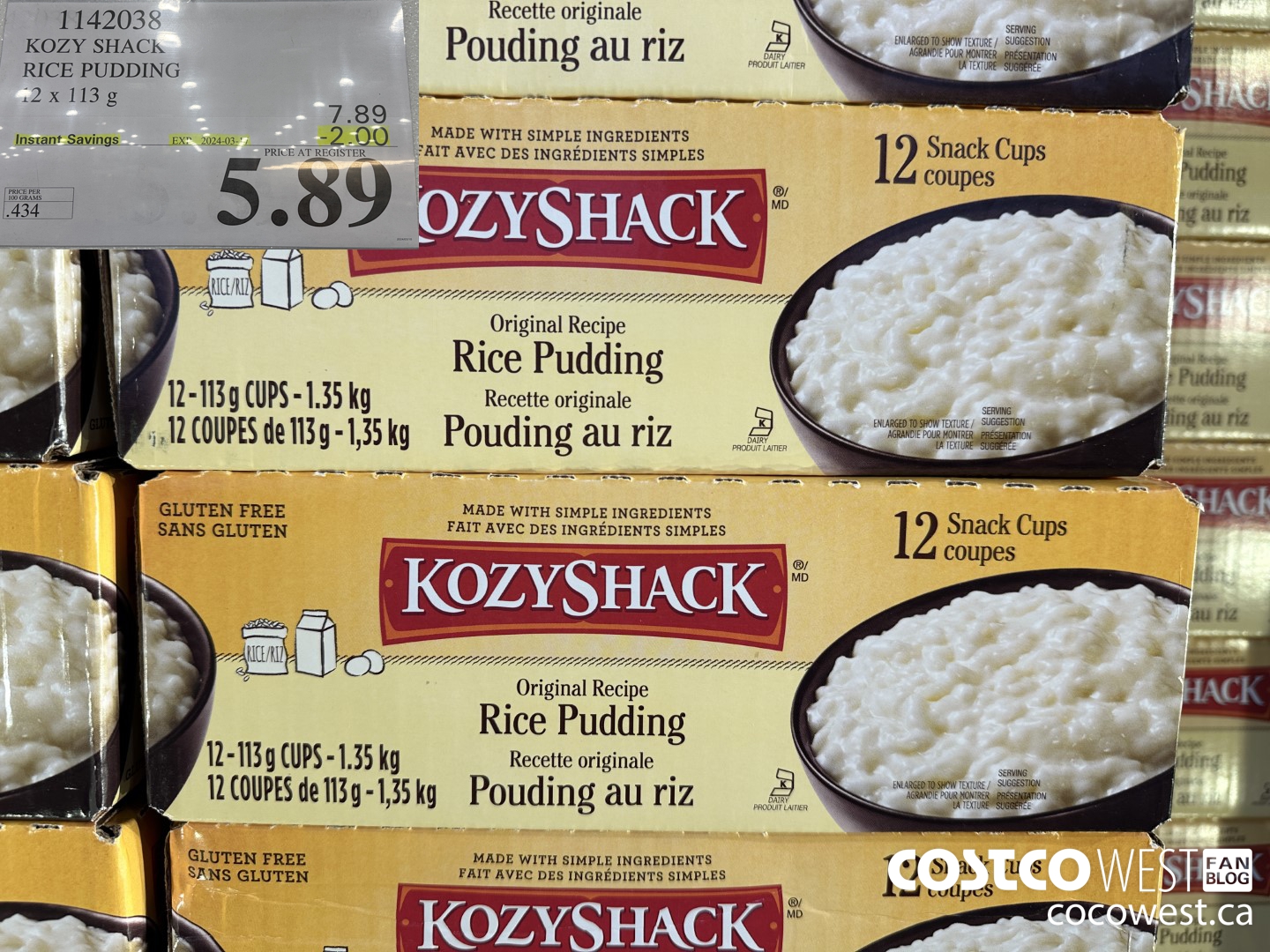 1142038 KOZY SHACK RICE PUDDING 12 x 113 g ($2.00 INSTANT SAVINGS EXPIRES ON 2024-03-17) $5.89