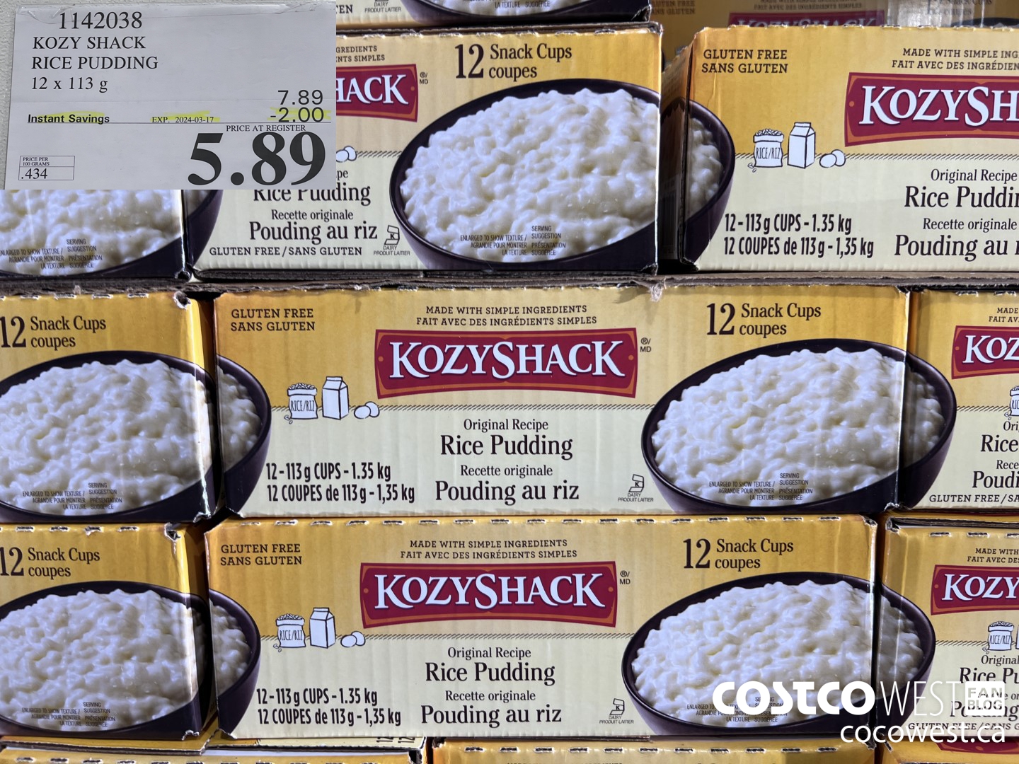 1142038 KOZY SHACK RICE PUDDING 12 x 113 g ($2.00 INSTANT SAVINGS EXPIRES ON 2024-03-17) $5.89