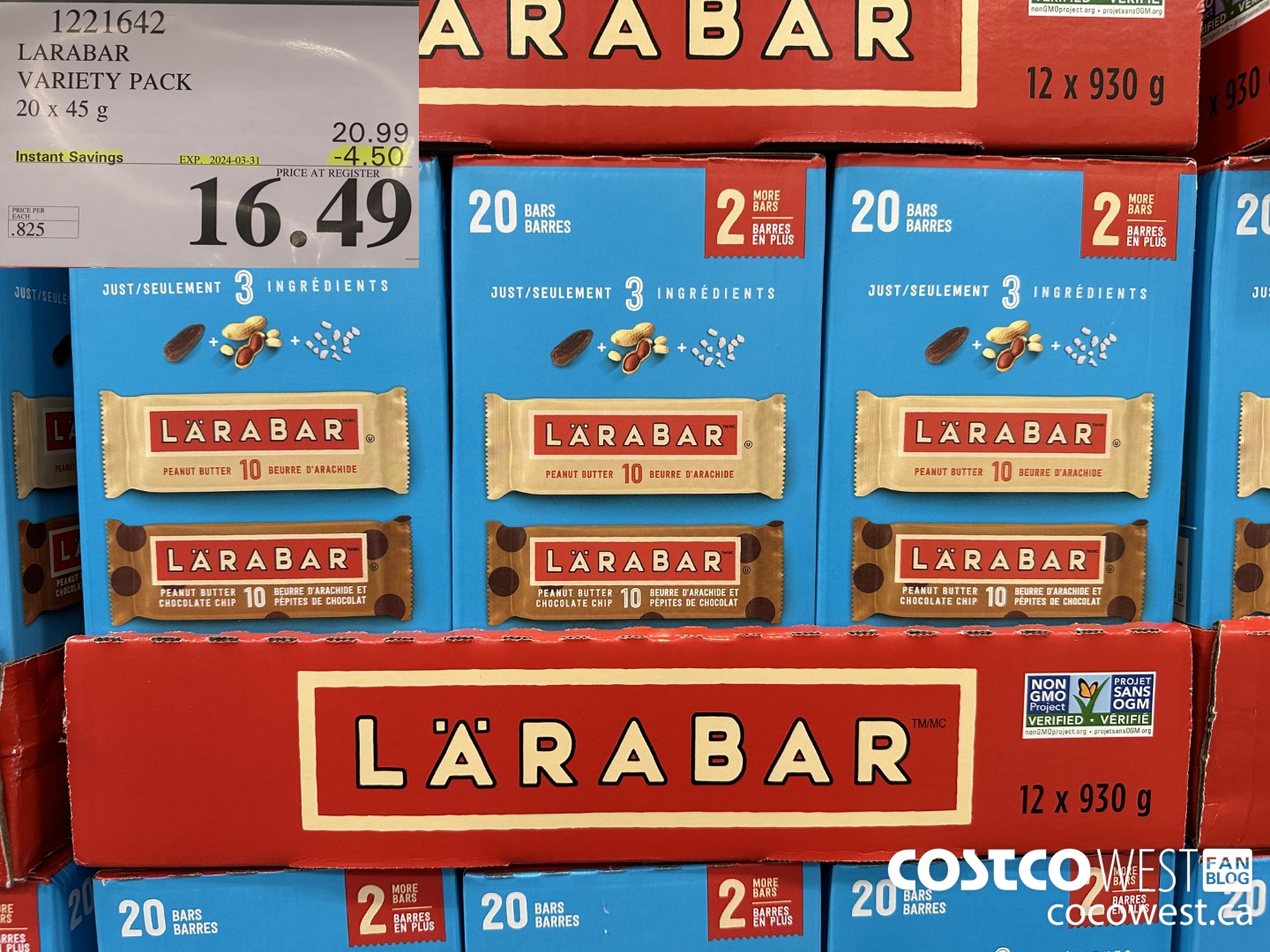 1221642 LARABAR VARIETY PACK 20 x 45 g ($4.50 INSTANT SAVINGS EXPIRES ON 2024-03-31) $16.49
