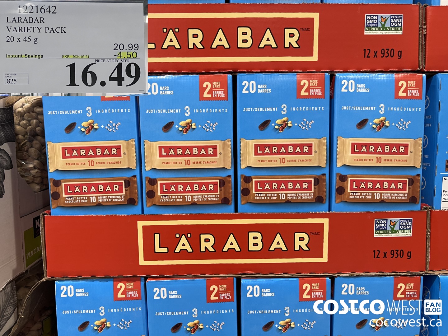 1221642 LARABAR VARIETY PACK 20 x 45 g ($4.50 INSTANT SAVINGS EXPIRES ON 2024-03-31) $16.49