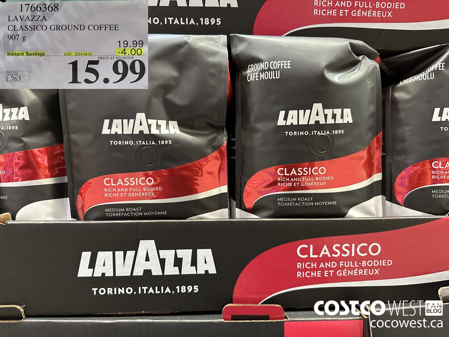 1766368 LAVAZZA CLASSICO GROUND COFFEE 907G ($4.00 INSTANT SAVINGS EXPIRES ON 2024-04-07) $15.99