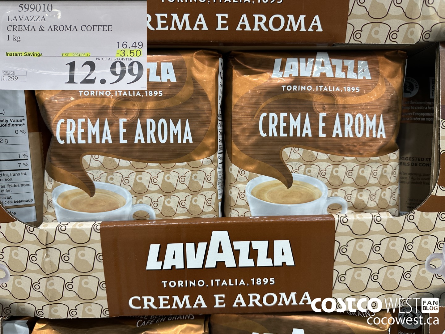 599010 LAVAZZA CREMA & AROMA COFFEE 1KG ($3.50 INSTANT SAVINGS EXPIRES ON 2024-03-17) $12.99