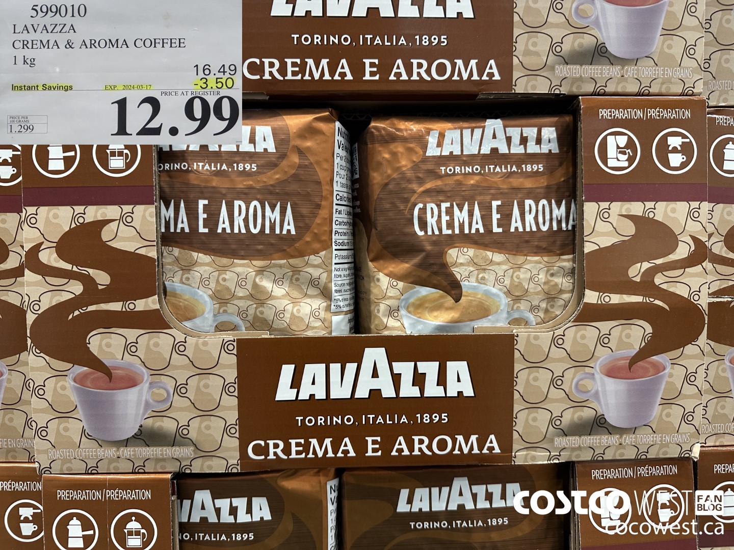 599010 LAVAZZA CREMA & AROMA COFFEE 1KG ($3.50 INSTANT SAVINGS EXPIRES ON 2024-03-17) $12.99