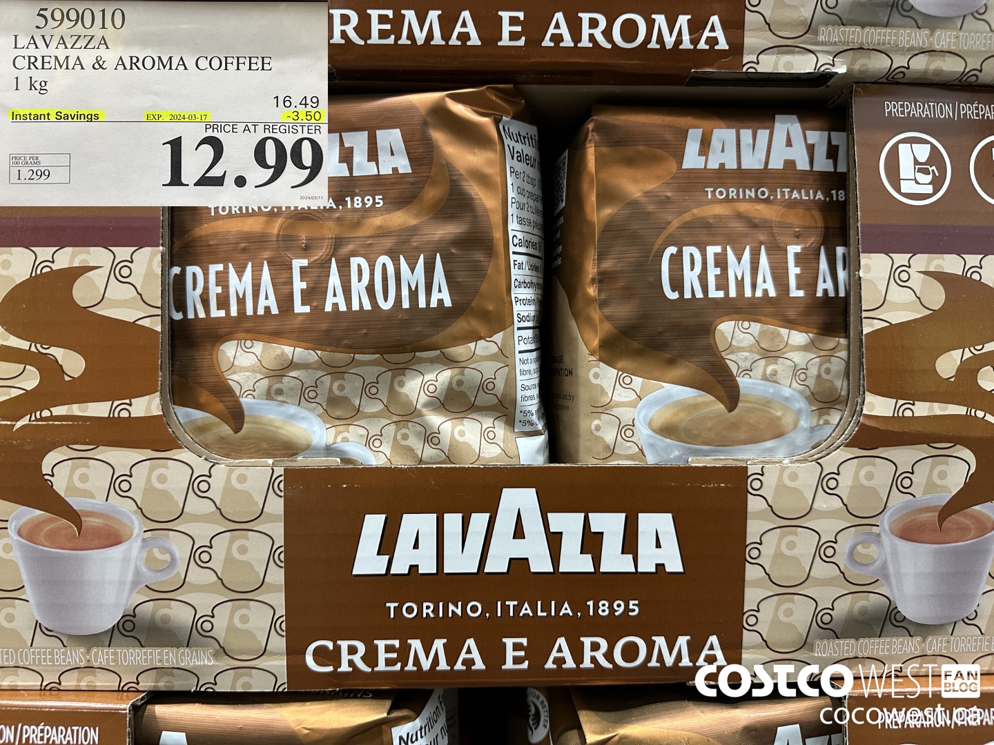 599010 LAVAZZA CREMA & AROMA COFFEE 1KG ($3.50 INSTANT SAVINGS EXPIRES ON 2024-03-17) $12.99