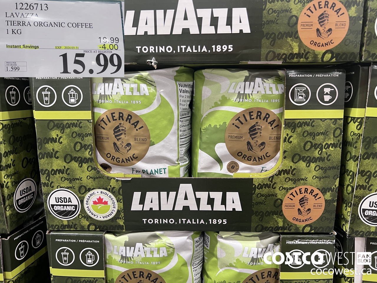 1226713 LAVAZZA TIERRA ORGANIC COFFEE 1 KG ($4.00 INSTANT SAVINGS EXPIRES ON 2024-03-31) $15.99