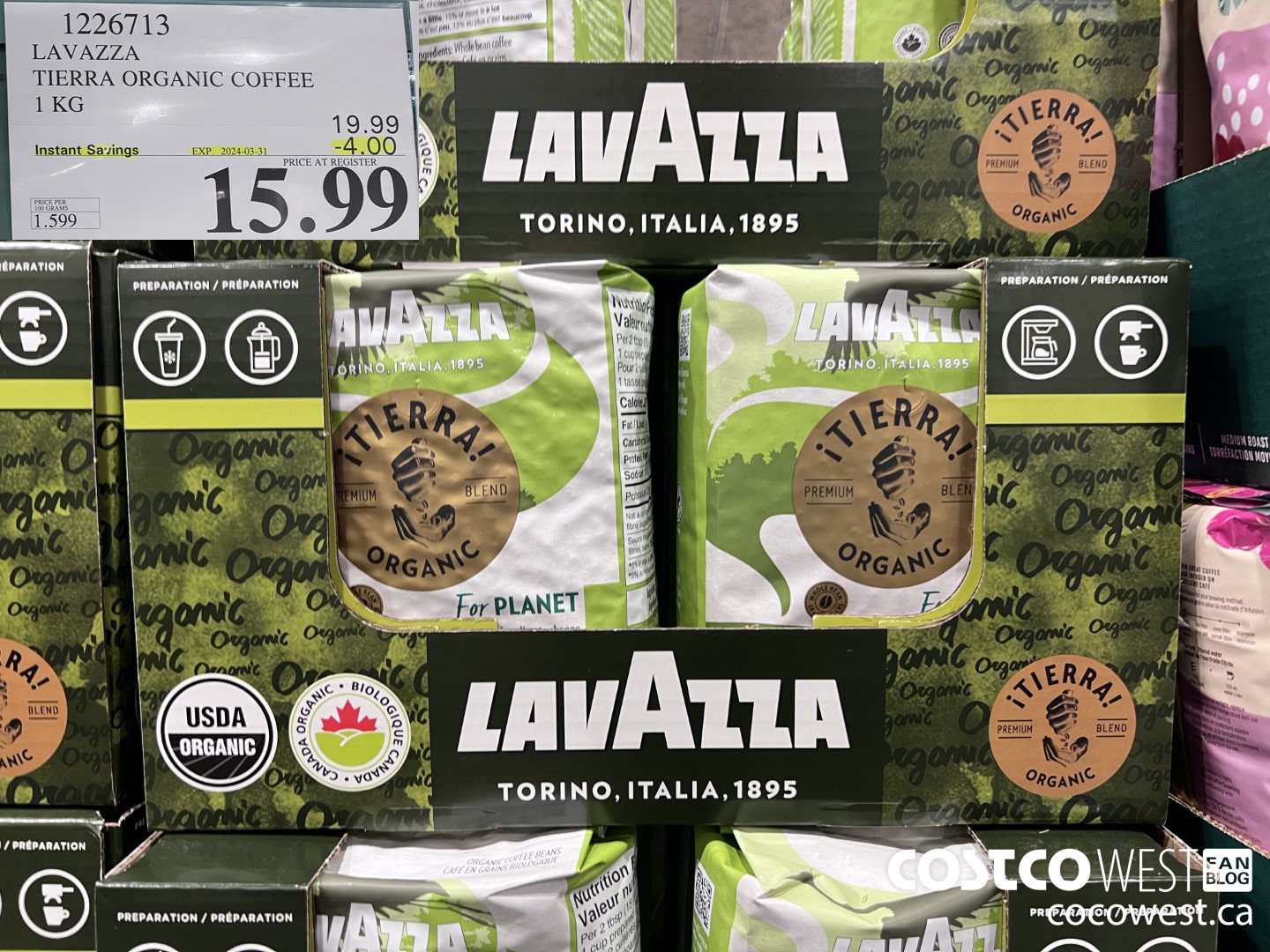 1226713 LAVAZZA TIERRA ORGANIC COFFEE 1 KG ($4.00 INSTANT SAVINGS EXPIRES ON 2024-03-31) $15.99