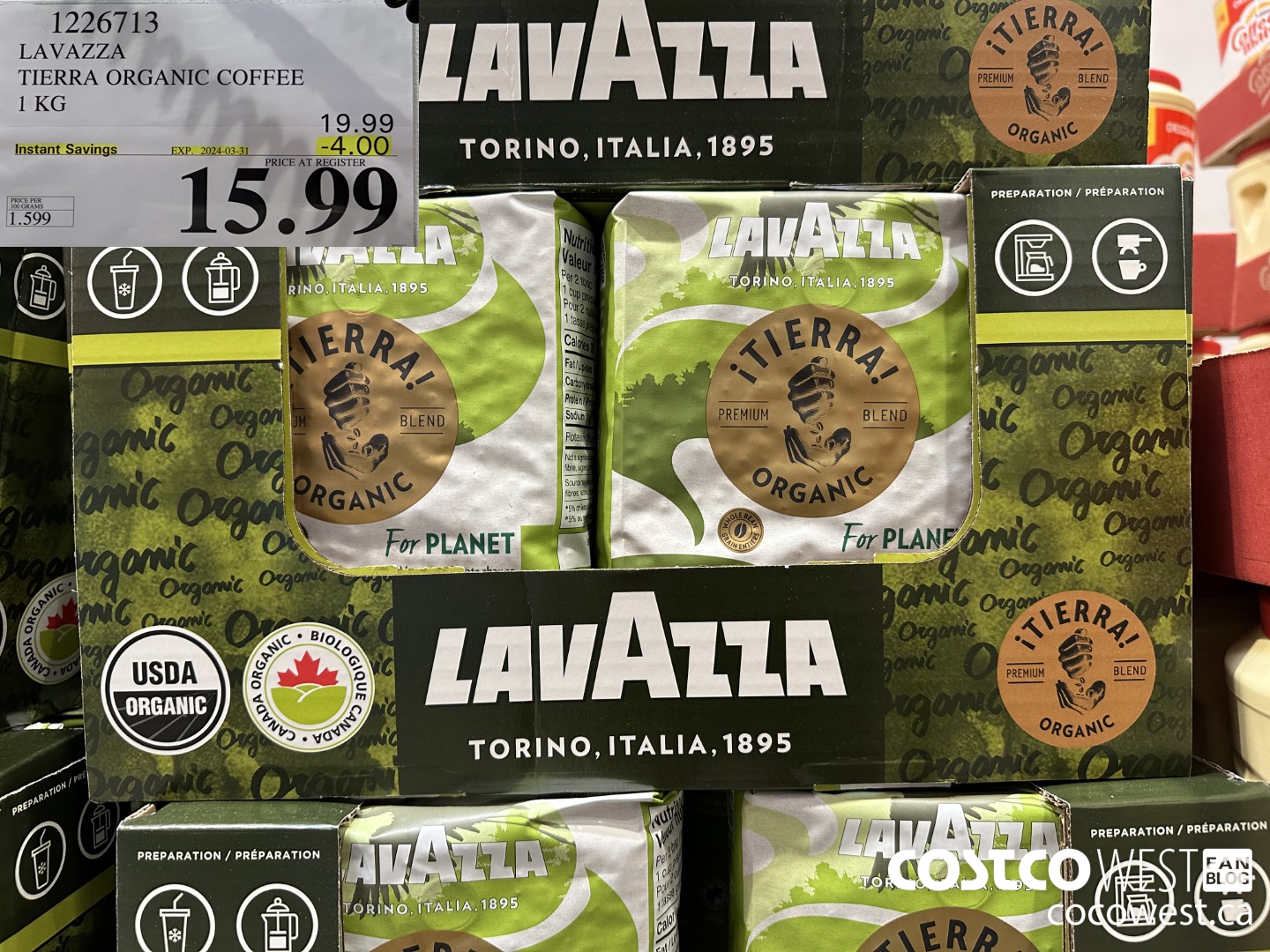 1226713 LAVAZZA TIERRA ORGANIC COFFEE 1 KG ($4.00 INSTANT SAVINGS EXPIRES ON 2024-03-31) $15.99