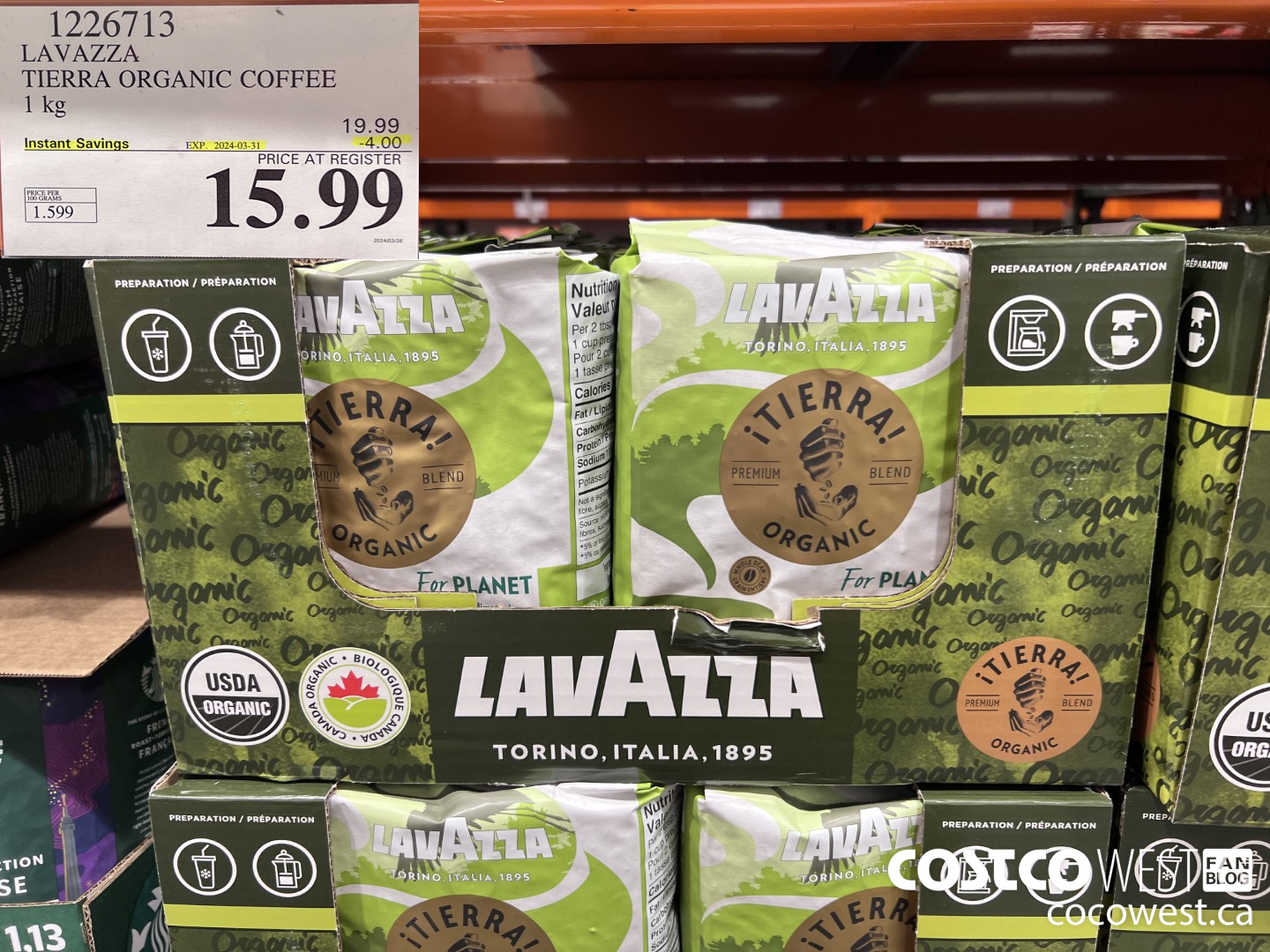 1226713 LAVAZZA TIERRA ORGANIC COFFEE 1 KG ($4.00 INSTANT SAVINGS EXPIRES ON 2024-03-31) $15.99