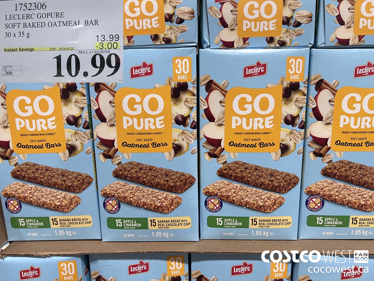 1752306 LECLERC GOPURE _ SOFT BAKED OATMEAL BAR 80 x 35 g 2024-03-03-24 ($3.00 INSTANT SAVINGS) $10.99