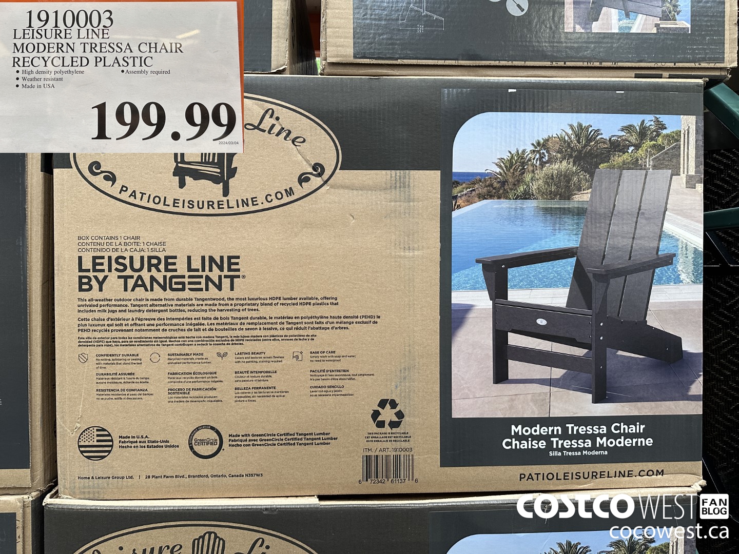 1910003 LEISURE LINE MODERN TRESSA CHAIR RECYCLED PLASTIC $199.99