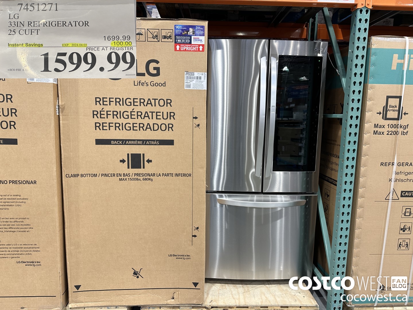 7451271 LG 33 IN. REFRIGERATOR 25 CU. FT. ($100.00 INSTANT SAVINGS EXPIRES ON 2024-04-03) $1599.99