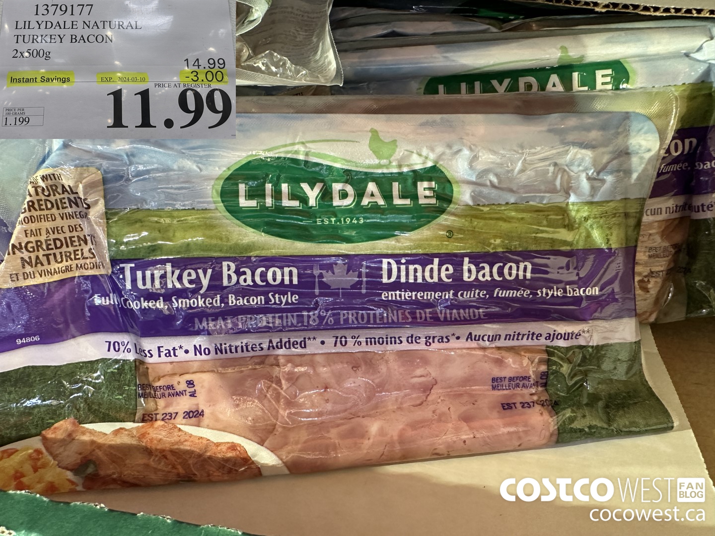 1379177 LILYDALE NATURAL TURKEY BACON 2 x 500 g ($3.00 INSTANT SAVINGS EXPIRES ON 2024-03-10) $11.99