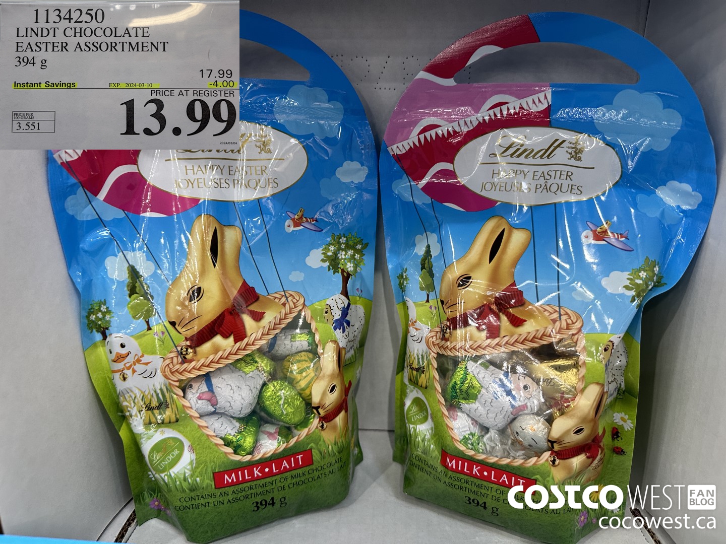 1134250 LINDT CHOCOLATE EASTER ASSORTMENT 394g ($4.00 INSTANT SAVINGS EXPIRES ON 2024-03-10) $13.99