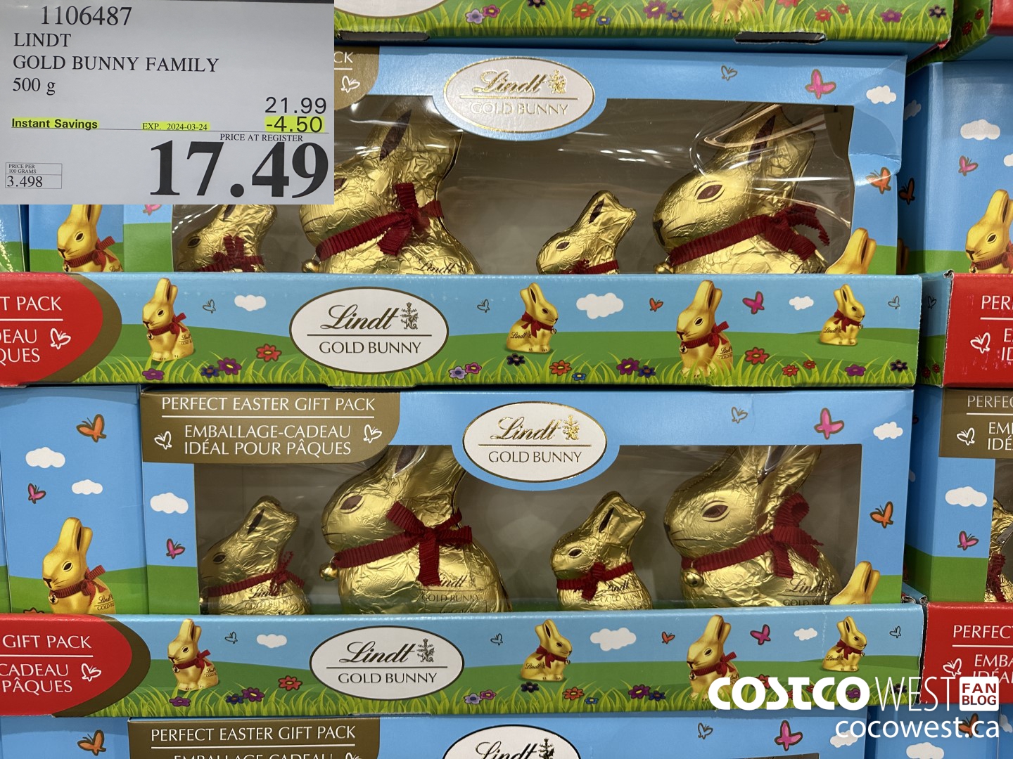 1106487 LINDT GOLD BUNNY FAMILY 500 G ($4.50 INSTANT SAVINGS EXPIRES ON 2024-03-24) $17.49