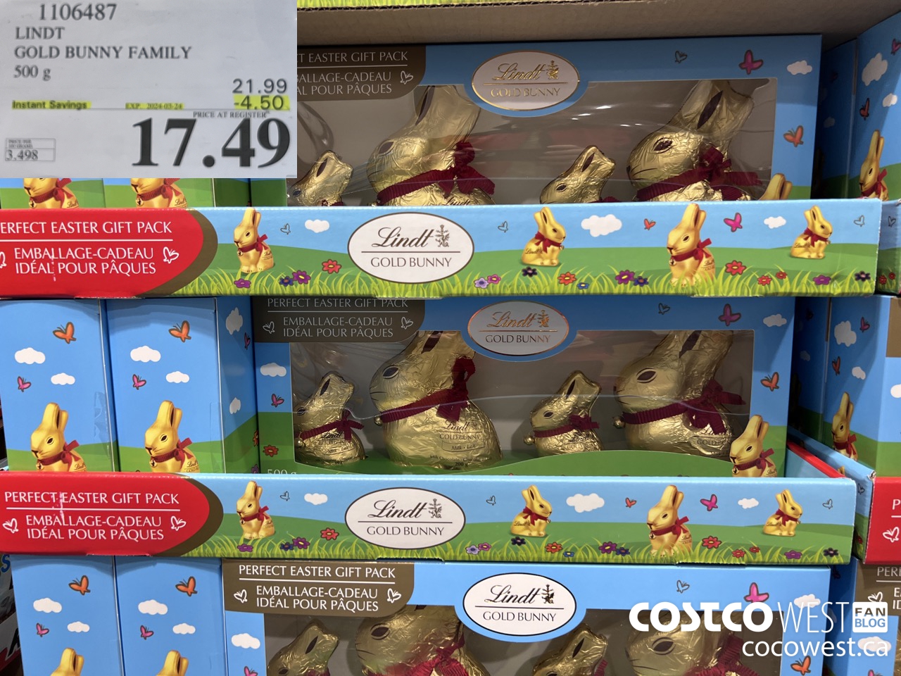 1106487 LINDT GOLD BUNNY FAMILY 500 G ($4.50 INSTANT SAVINGS EXPIRES ON 2024-03-24) $17.49