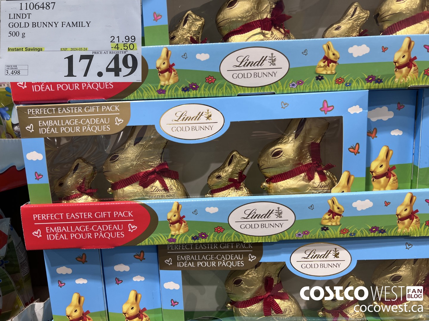1106487 LINDT GOLD BUNNY FAMILY 500 G ($4.50 INSTANT SAVINGS EXPIRES ON 2024-03-24) $17.49