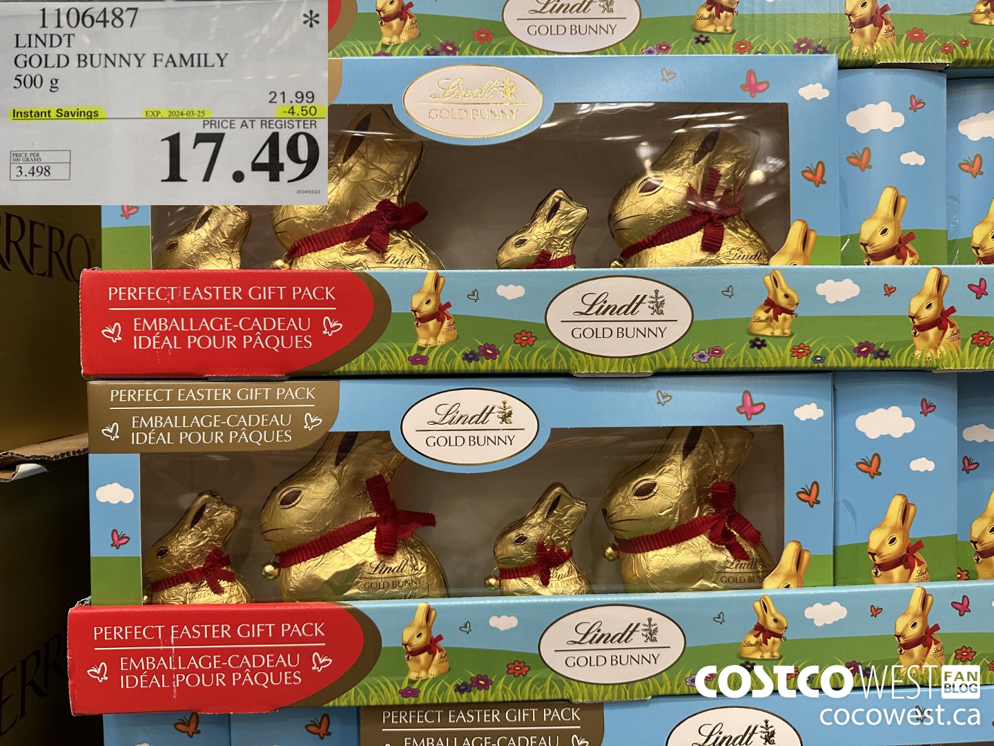1106487 LINDT GOLD BUNNY FAMILY 500 G ($4.50 INSTANT SAVINGS EXPIRES ON 2024-03-25) $17.49