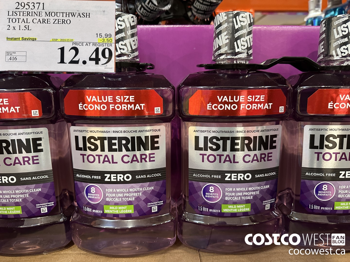 295371 LISTERINE MOUTHWASH TOTAL CARE ZERO 2 X 1.5L ($3.50 INSTANT SAVINGS EXPIRES ON 2024-03-03) $12.49