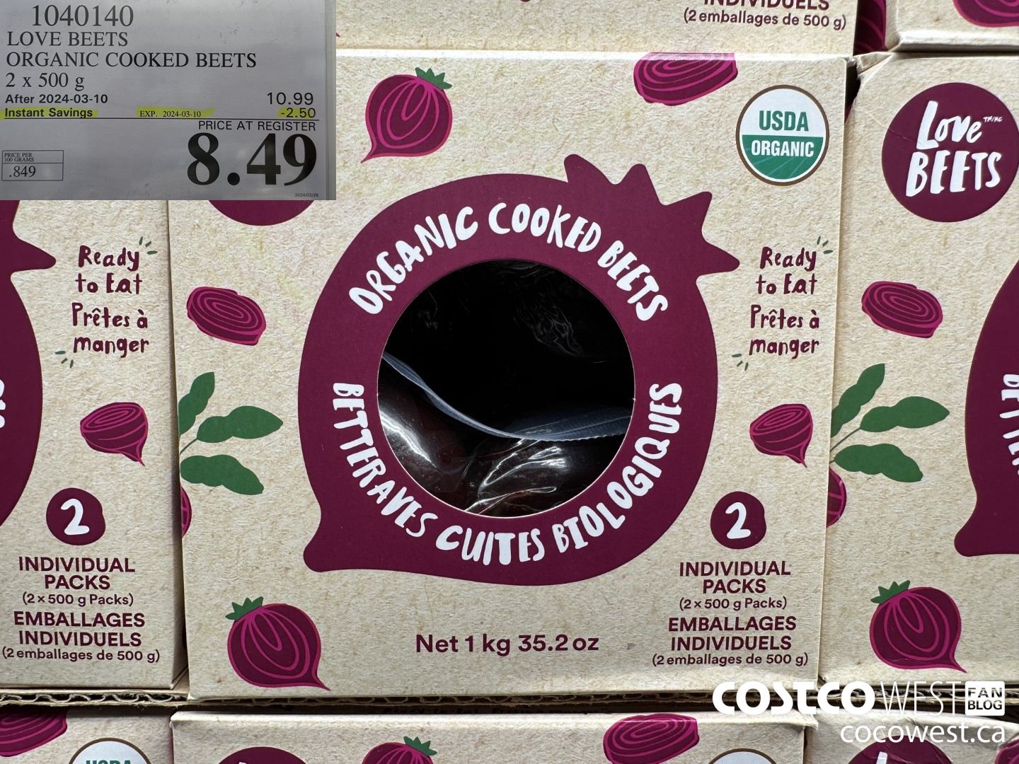 1040140 LOVE BEETS ORGANIC COOKED BEETS 2 X 500G ($2.50 INSTANT SAVINGS EXPIRES ON 2024-03-10) $8.49