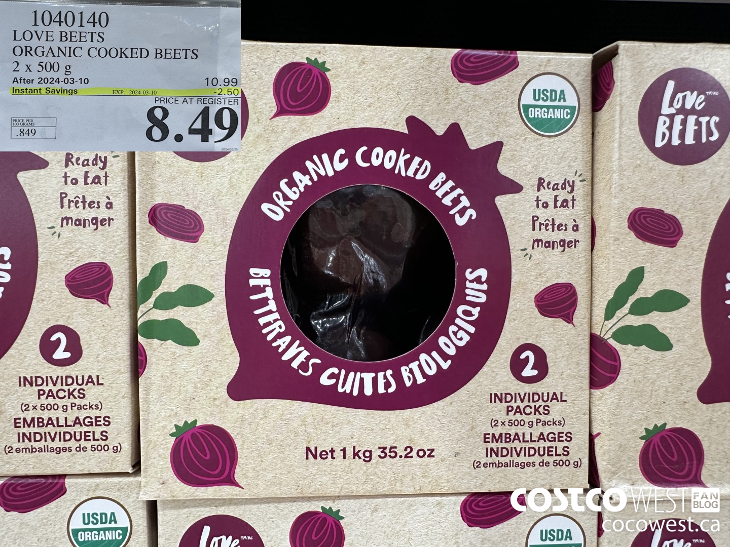 1040140 LOVE BEETS ORGANIC COOKED BEETS 2 X 500G ($2.50 INSTANT SAVINGS EXPIRES ON 2024-03-10) $8.49