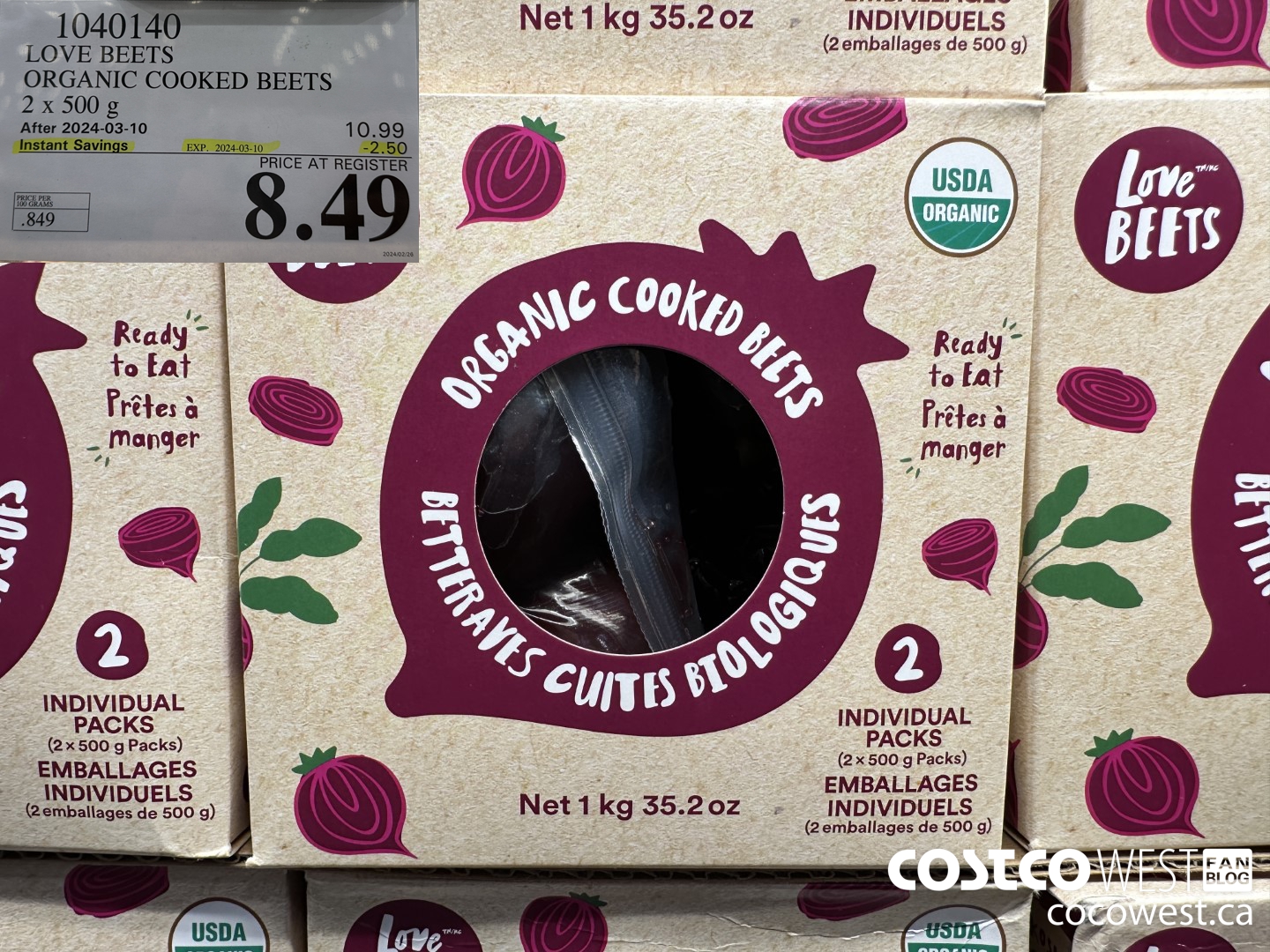 1040140 LOVE BEETS ORGANIC COOKED BEETS 2 x 500g ($2.50 INSTANT SAVINGS EXPIRES ON 2024-03-10) $8.49
