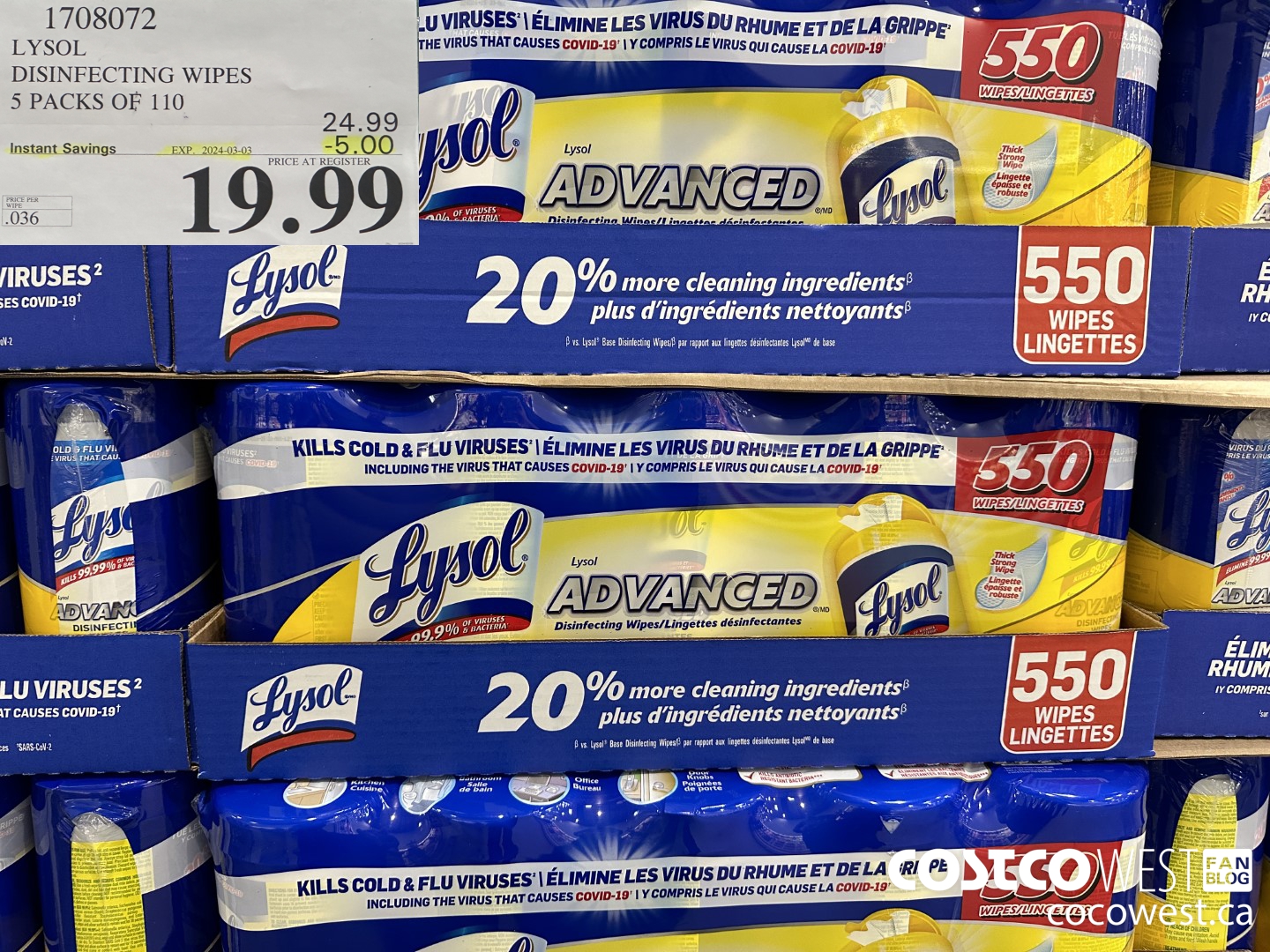1708072 LYSOL DISINFECTING WIPES 5 X 110 WIPES ($5.00 INSTANT SAVINGS EXPIRES ON 2024-03-03) $19.99