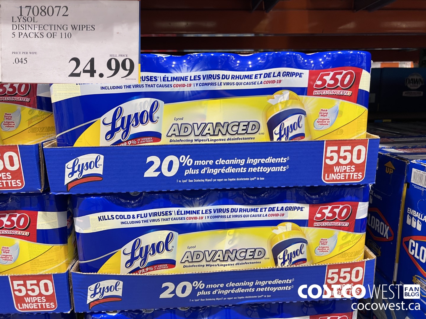 1708072 LYSOL DISINFECTING WIPES 5 X 110 WIPES $24.99
