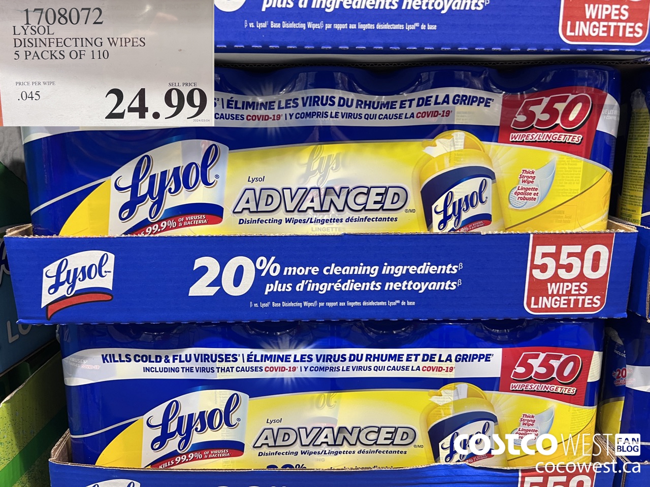 1708072 LYSOL DISINFECTING WIPES 5 X 110 WIPES $24.99