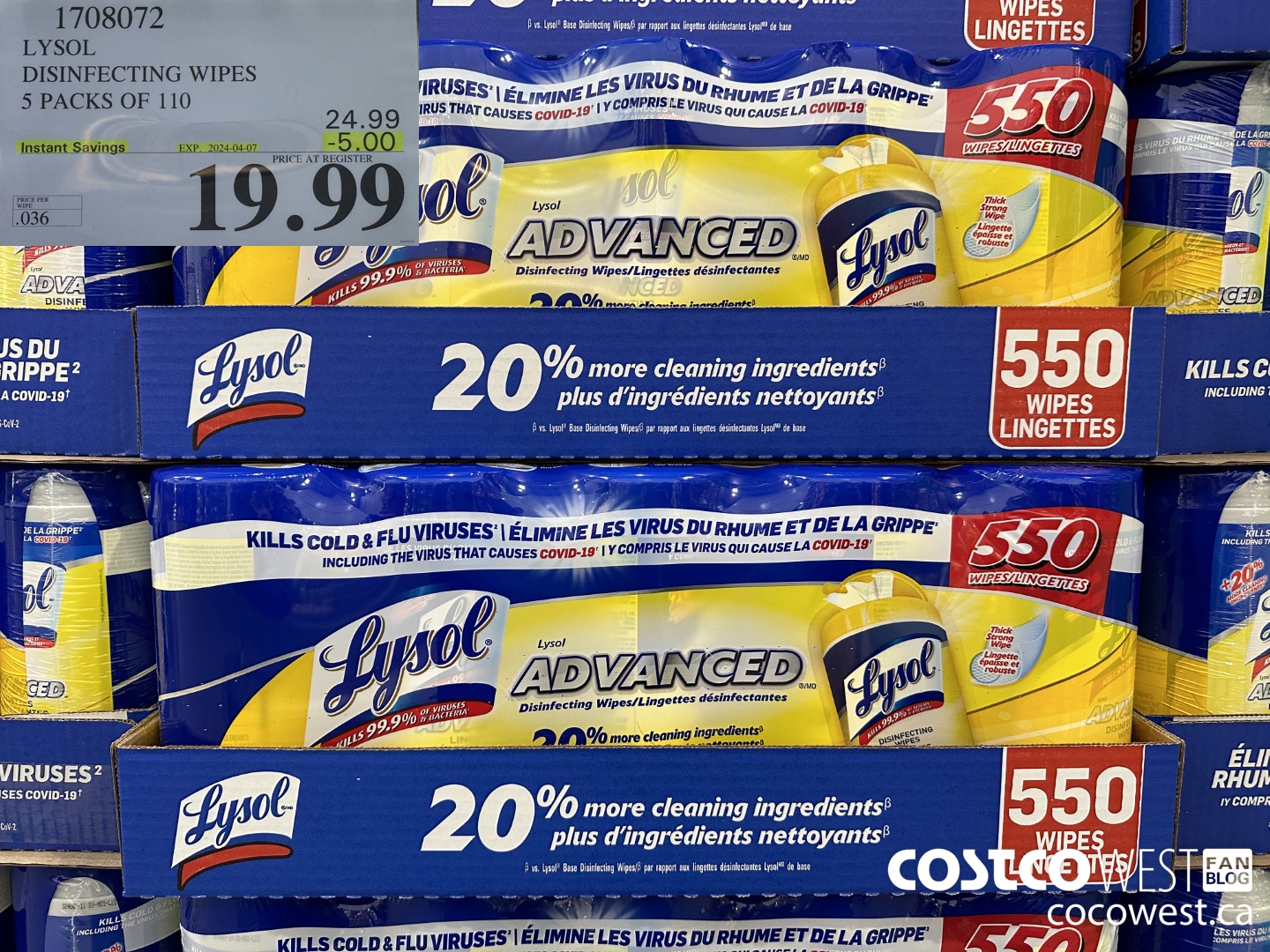 1708072 LYSOL DISINFECTING WIPES 5 X 110 WIPES ($5.00 INSTANT SAVINGS EXPIRES ON 2024-04-07) $19.99