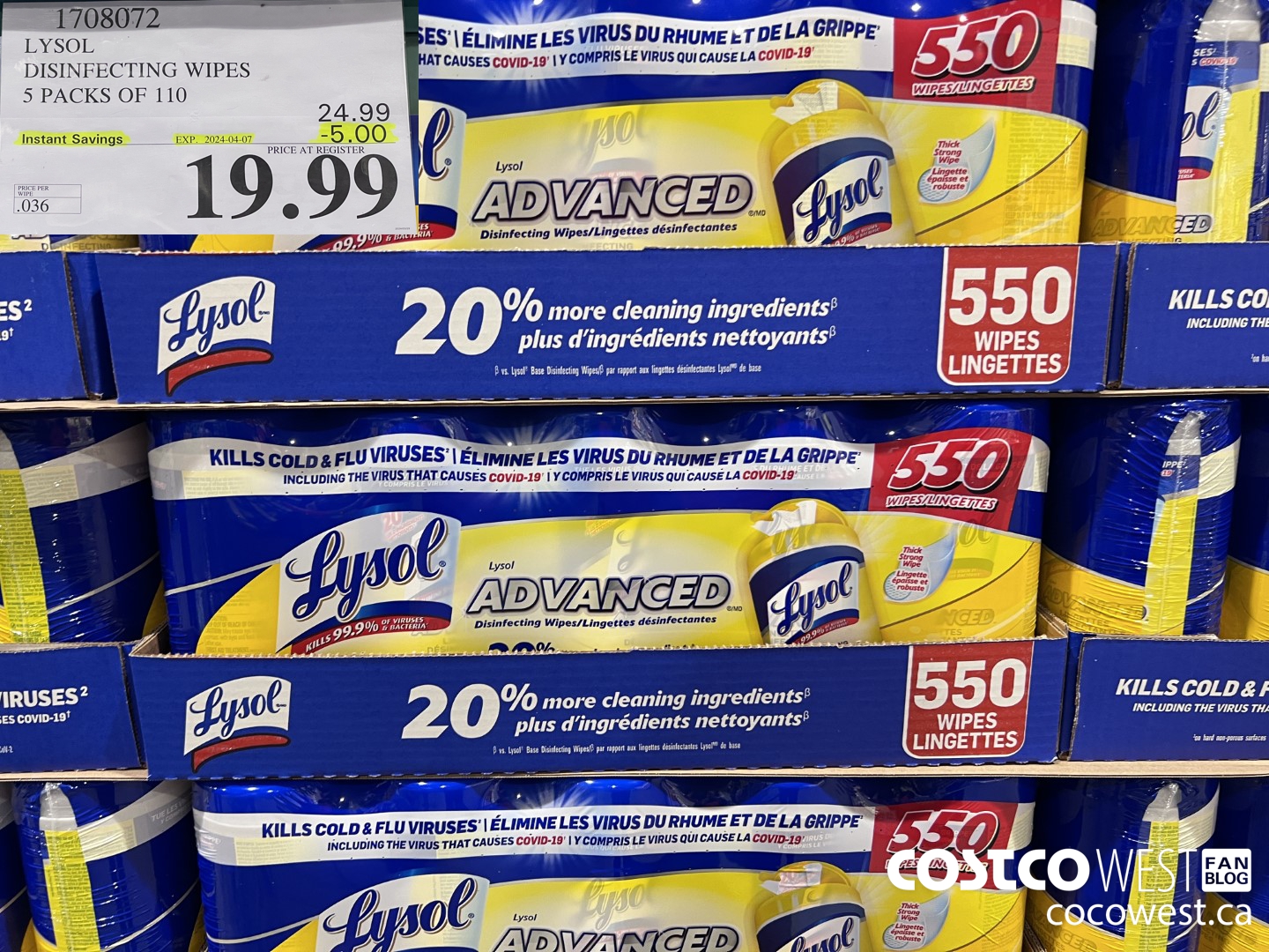 1708072 LYSOL DISINFECTING WIPES 5 X 110 WIPES ($5.00 INSTANT SAVINGS EXPIRES ON 2024-04-07) $19.99