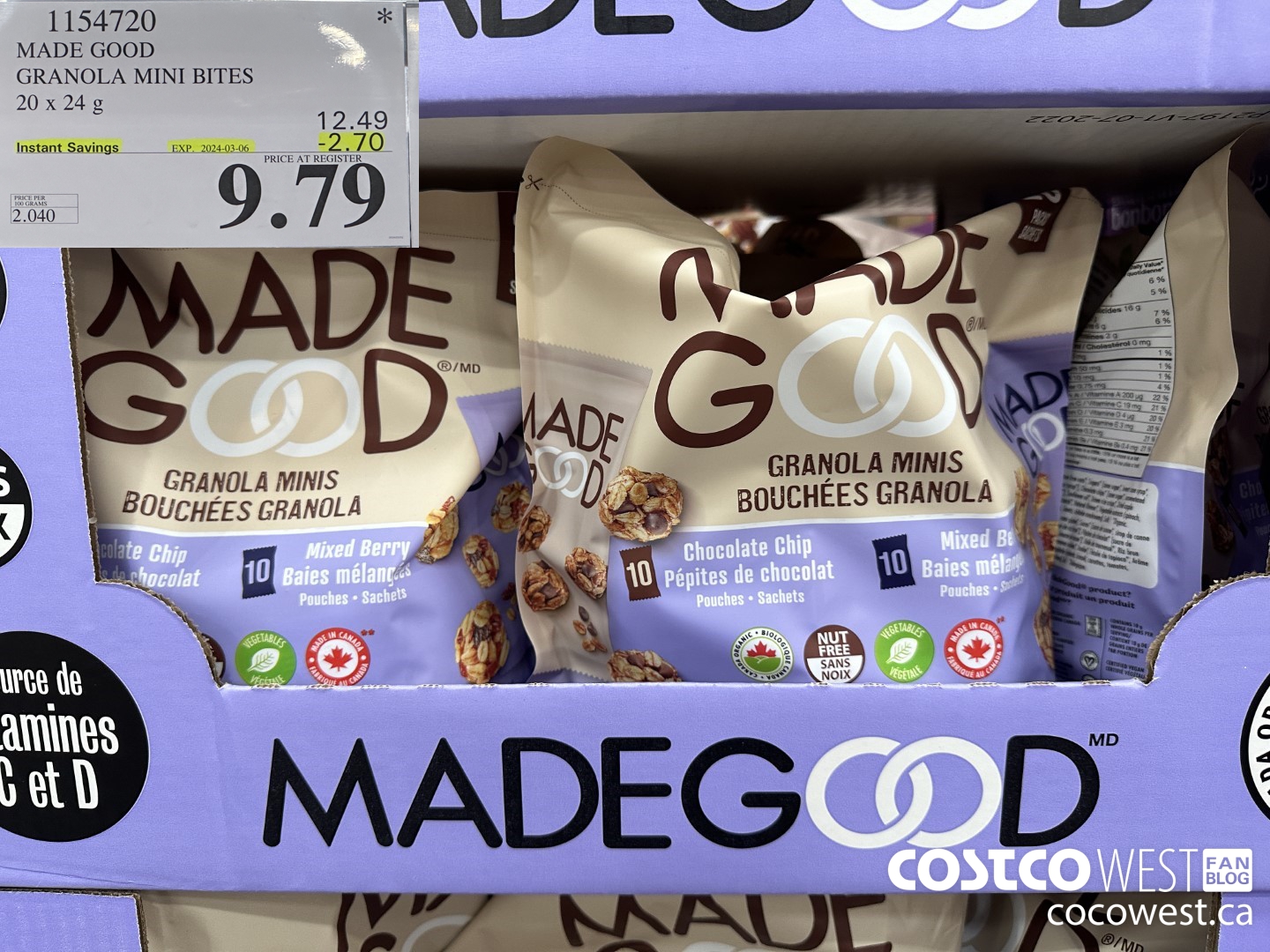 1154720 MADE GOOD ORGANIC GRANOLA MINI BITES 20 x 24 g ($2.70 INSTANT SAVINGS EXPIRES ON 2024-03-06) $9.79