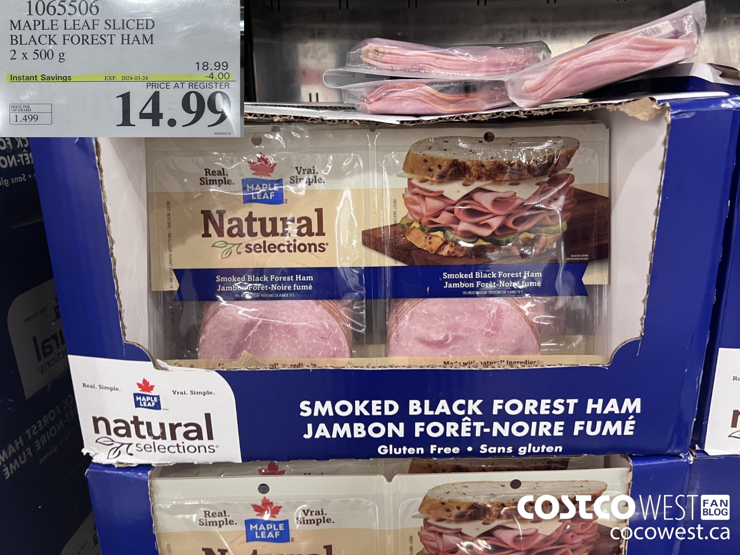 1065506 MAPLE LEAF NATURAL SELECTIONS SLICED BF HAM 2 X 500 G ($4.00 INSTANT SAVINGS EXPIRES ON 2024-03-24) $14.99