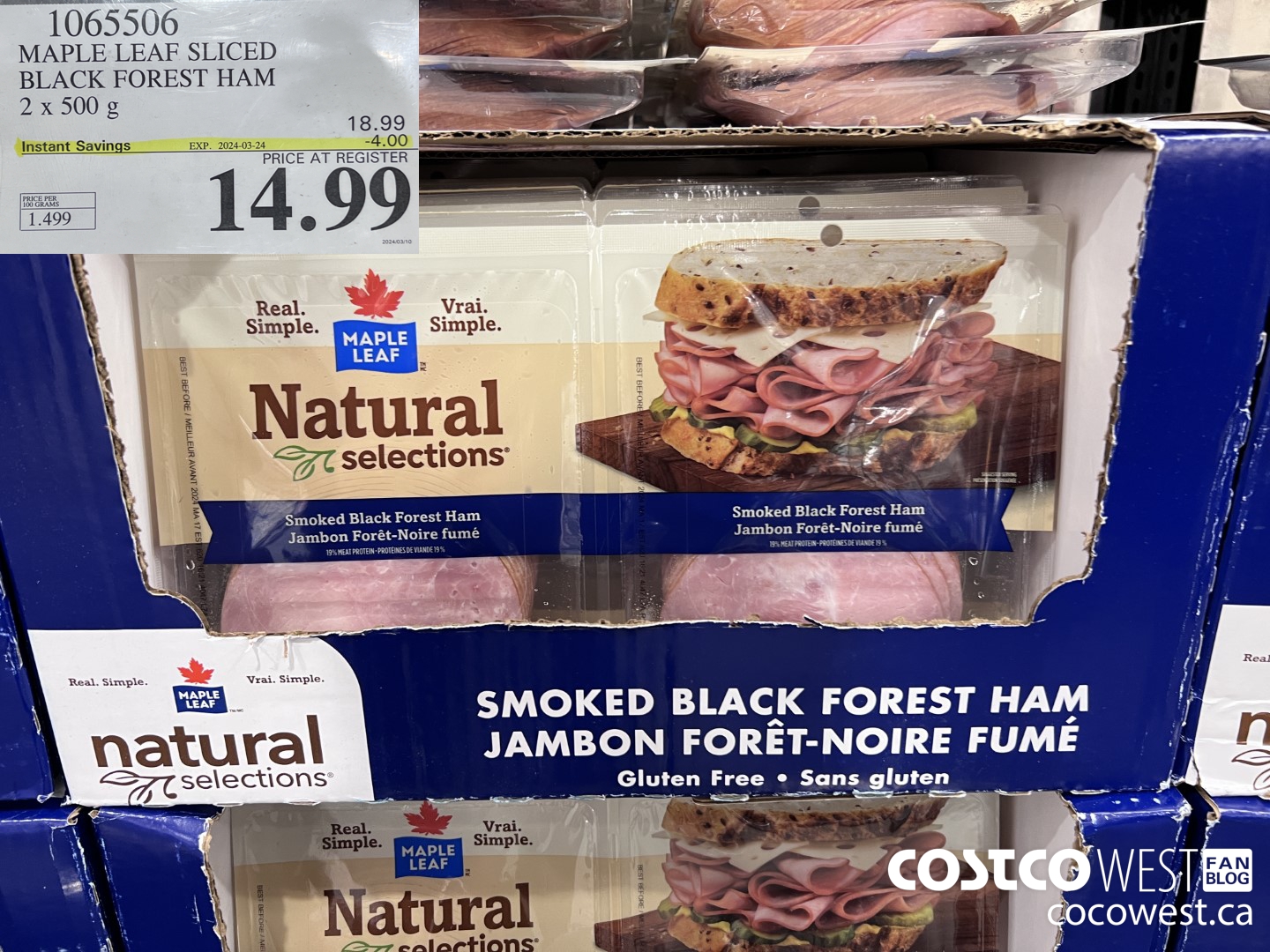 1065506 MAPLE LEAF NATURAL SELECTIONS SLICED BF HAM 2 X 500 G ($4.00 INSTANT SAVINGS EXPIRES ON 2024-03-24) $14.99