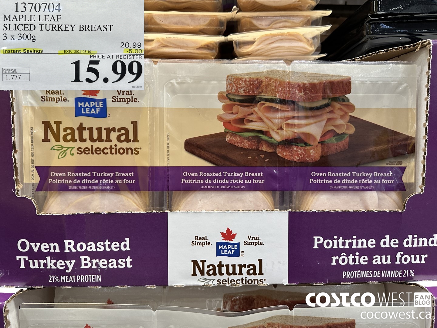 1370704 MAPLE LEAF SLICED TURKEY BREAST 3 x 300g ($5.00 INSTANT SAVINGS EXPIRES ON 2024-03-10) $15.99