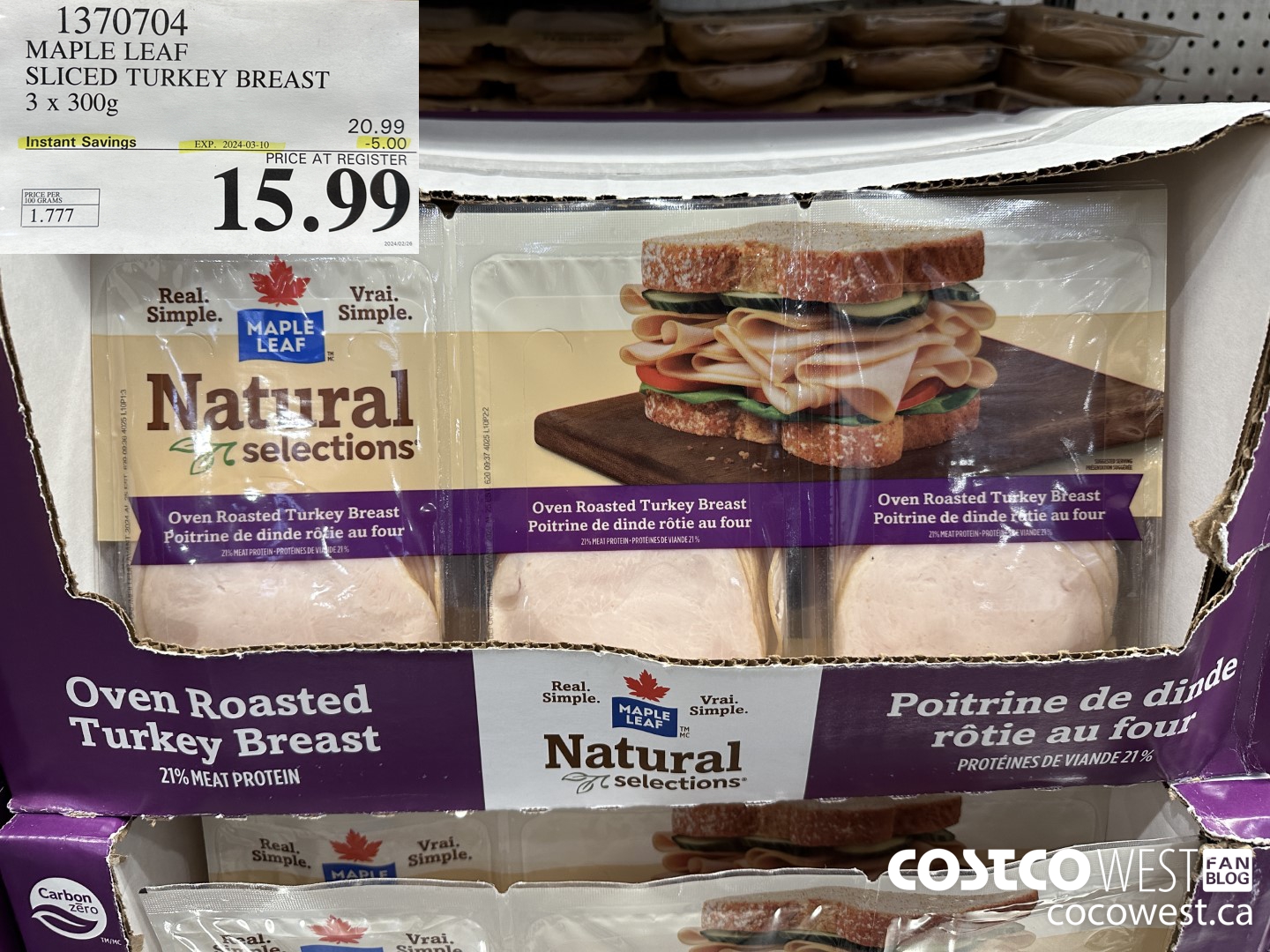 1370704 MAPLE LEAF SLICED TURKEY BREAST 3 x 300g ($5.00 INSTANT SAVINGS EXPIRES ON 2024-03-10) $15.99