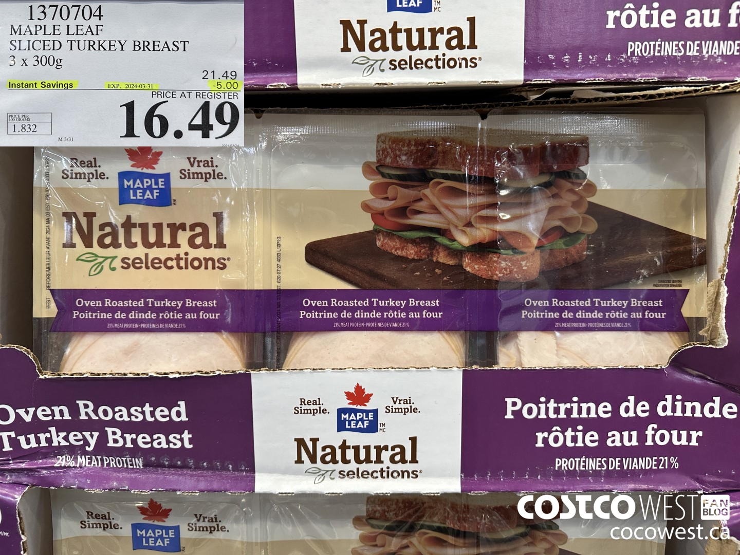 1370704 MAPLE LEAF SLICED TURKEY BREAST 3 x 300g ($5.00 INSTANT SAVINGS EXPIRES ON 2024-03-31) $16.49