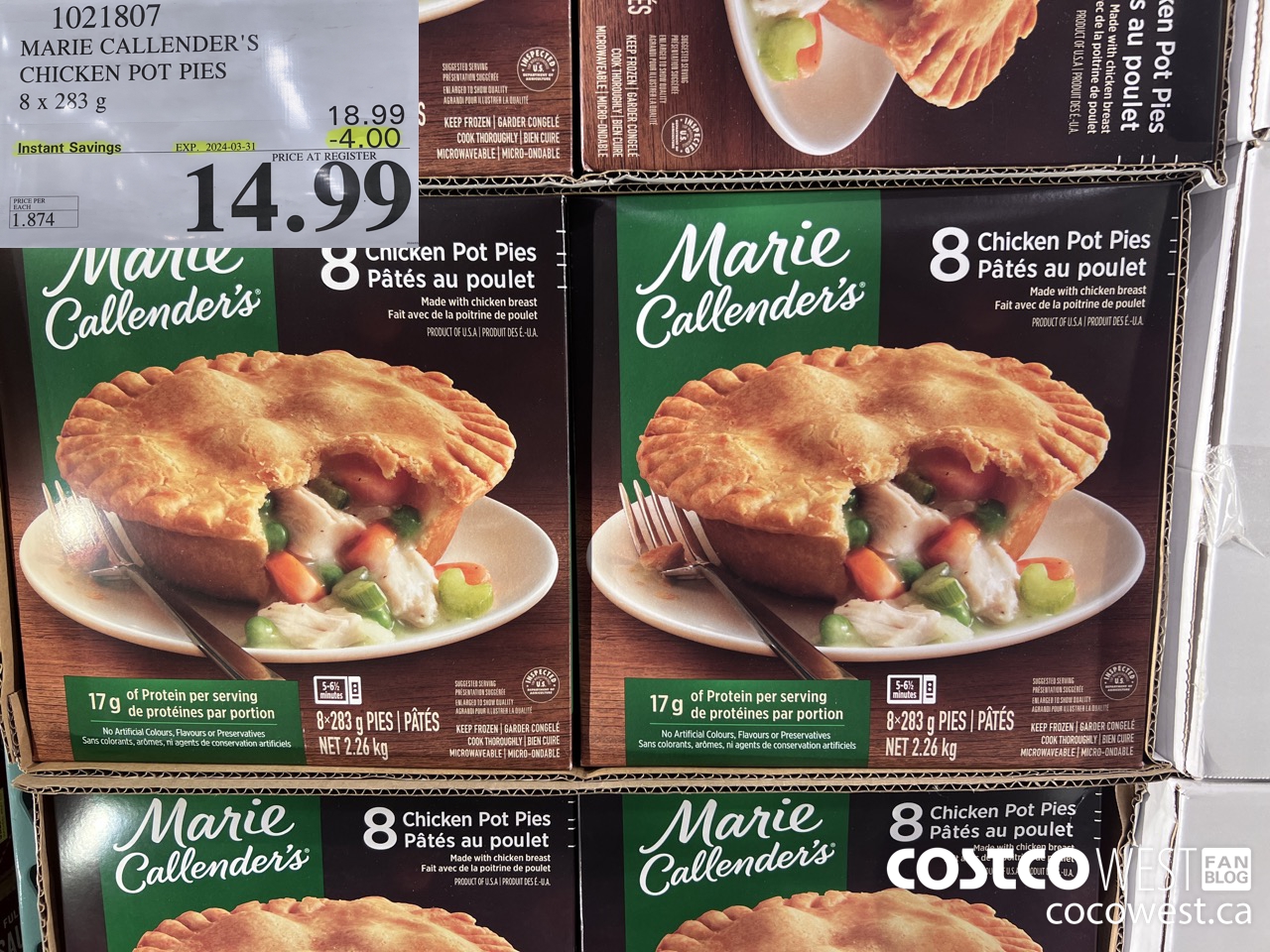 1021807 MARIE CALLENDER'S CHICKEN POT PIES 8 x 283 g ($4.00 INSTANT SAVINGS EXPIRES ON 2024-03-31) $14.99