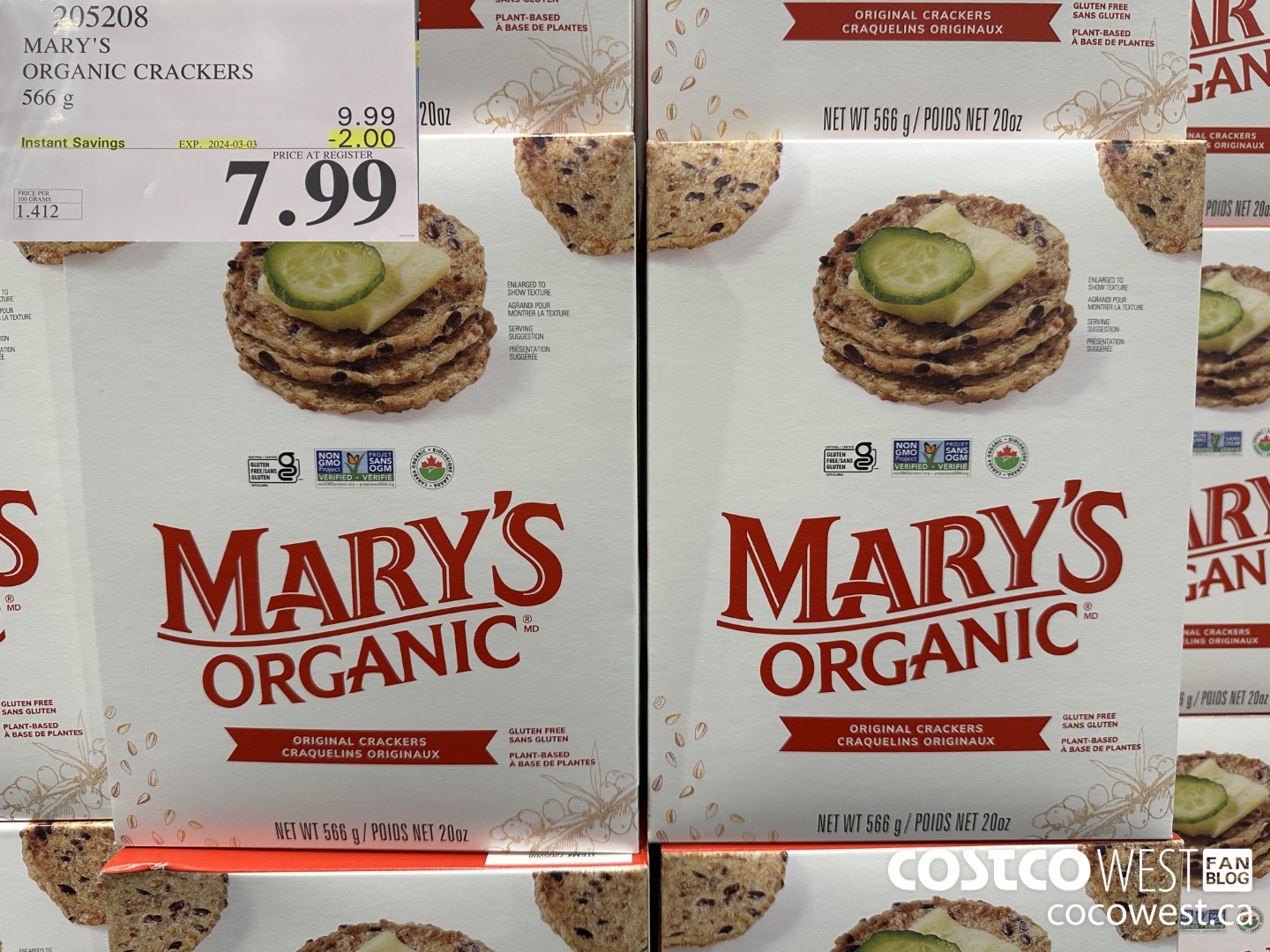 205208 MARY'S ORGANIC CRACKERS 566G ($2.00 INSTANT SAVINGS EXPIRES ON 2024-03-03) $7.99
