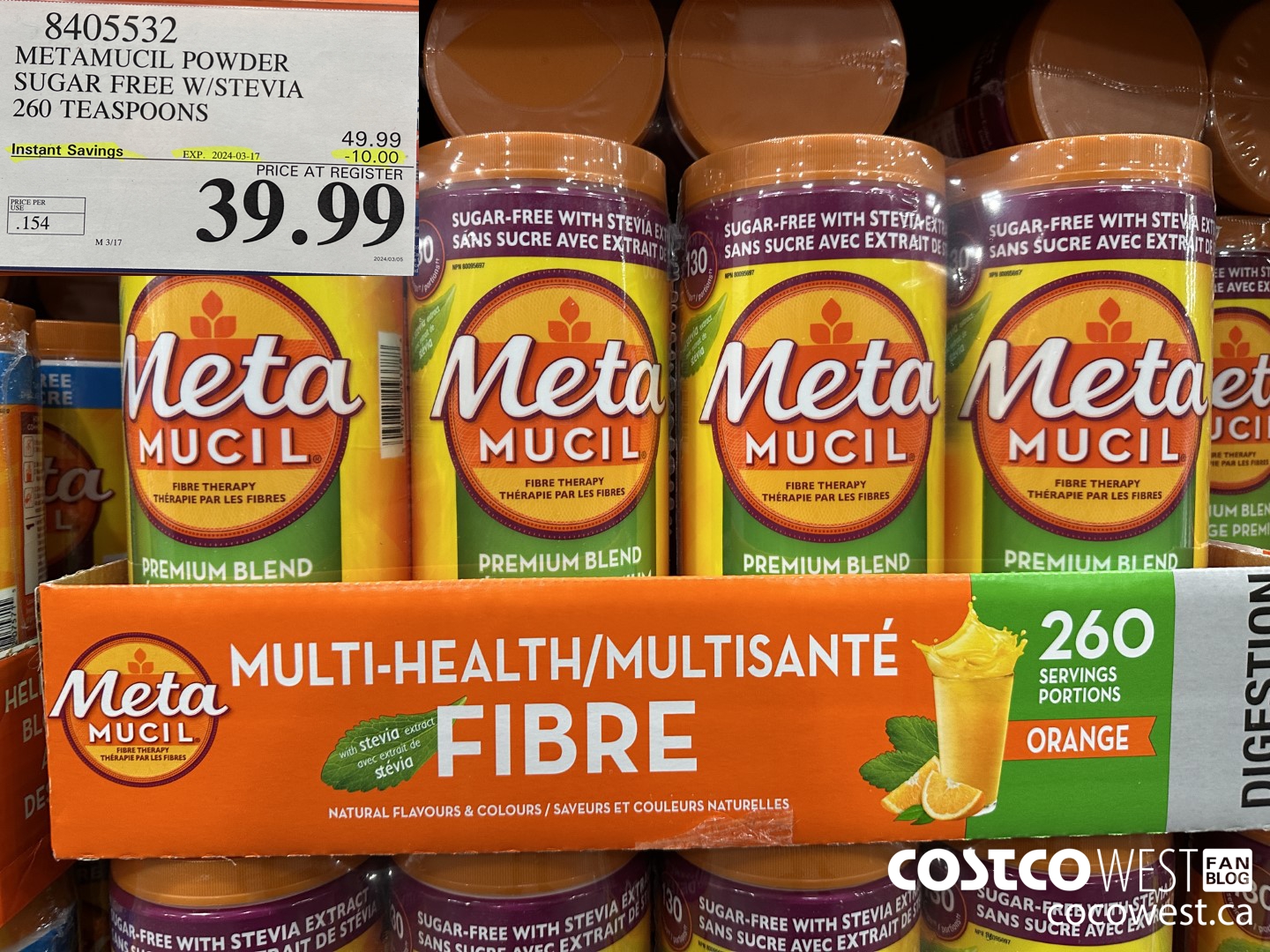 8405532 METAMUCIL POWDER SUGAR FREE W/STEVIA 260 TEASPOONS  ($10.00 INSTANT SAVINGS EXPIRES ON 2024-03-17) $39.99